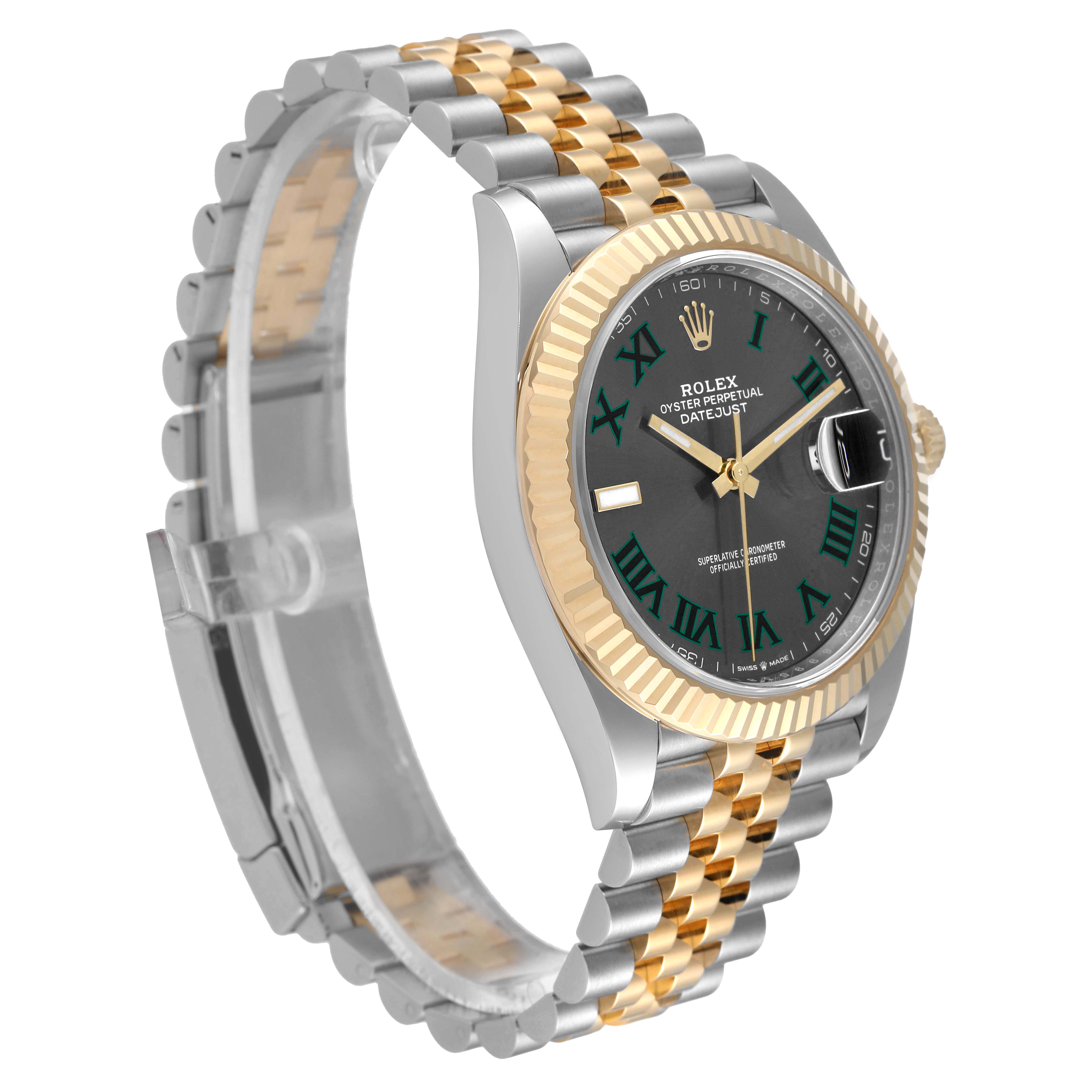 This image shows a Rolex Datejust 41 126333 Men's Steel and Gold (two tone) Grey Dial 126333 Men's Steel and Gold (two tone) Grey Dial watch at a slight angle, highlighting its jubilee bracelet and fluted bezel.