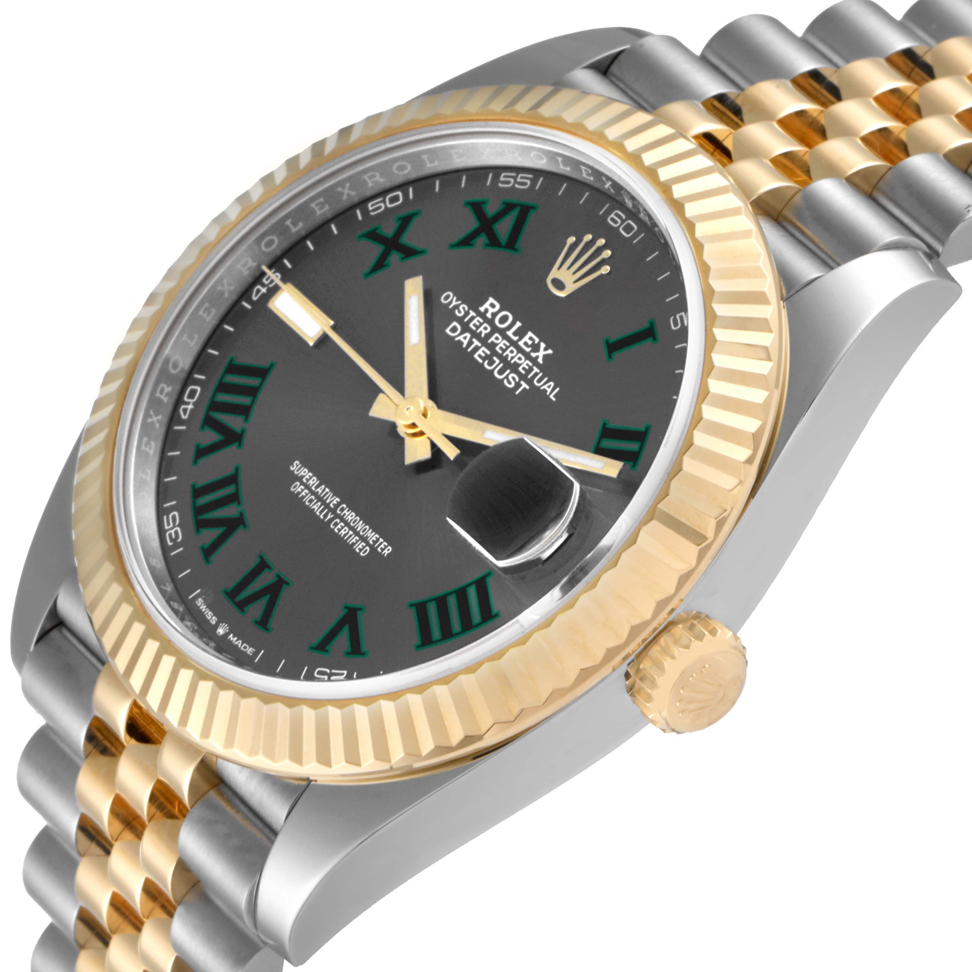 The image shows a close-up angle of the Rolex Datejust 41 126333 Men's Steel and Gold (two tone) Grey Dial 126333 Men's Steel and Gold (two tone) Grey Dial watch, highlighting the bezel, dial, hands, and part of the bracelet.