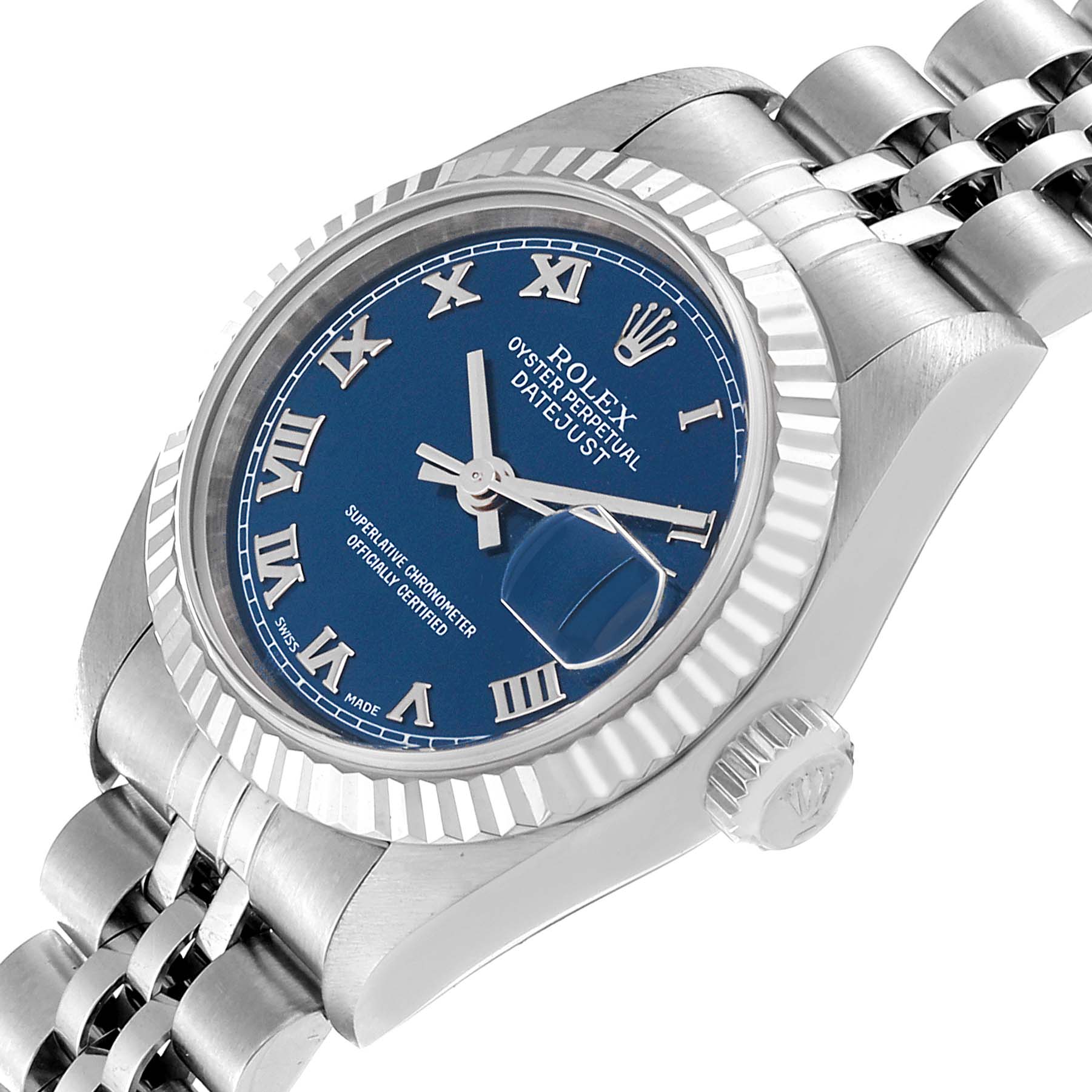 The image shows a Rolex Datejust 79174 Women's Stainless Steel Blue Dial 79174 Women's Stainless Steel Blue Dial watch at an oblique angle, highlighting the face, bezel, crown, and part of the bracelet.