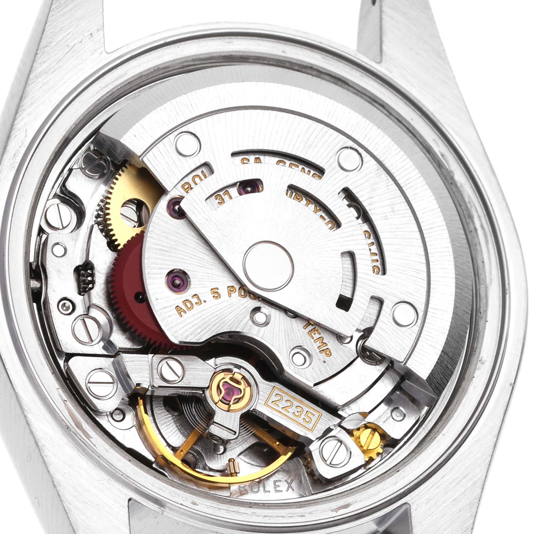 The image shows the internal mechanism of a Rolex Datejust 79174 Women's Stainless Steel Blue Dial 79174 Women's Stainless Steel Blue Dial watch from a top-down angle.