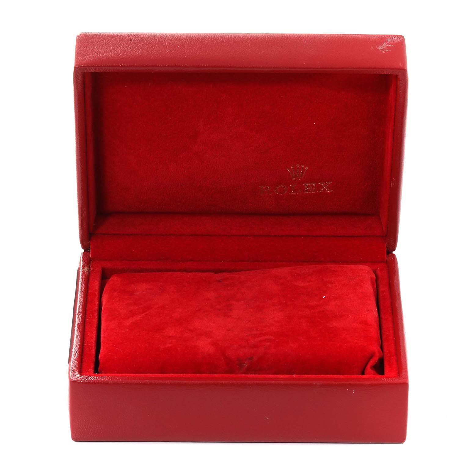 This image shows an open red watch box, likely intended for a Rolex Datejust 79174 Women's Stainless Steel Blue Dial 79174 Women's Stainless Steel Blue Dial watch.