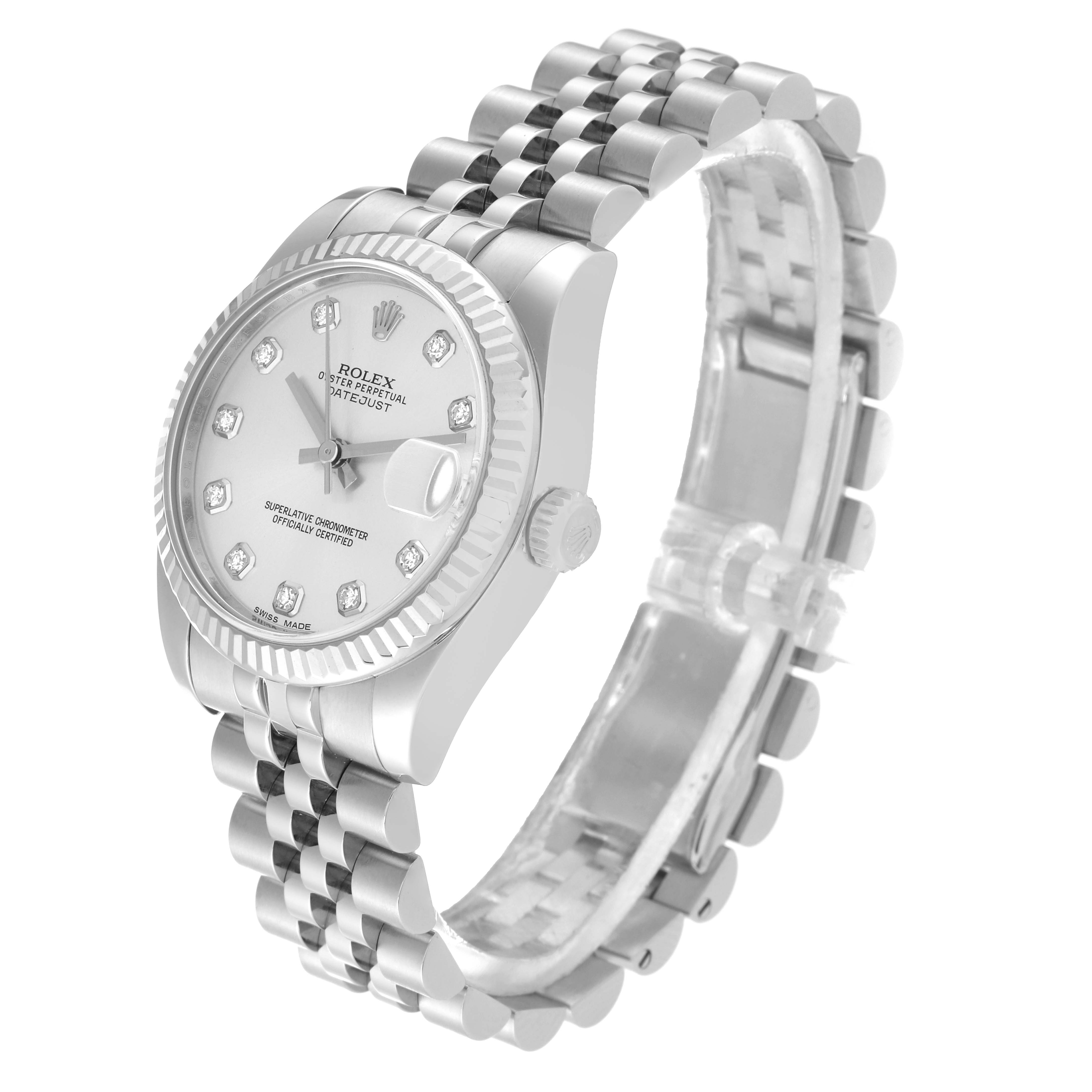 The image shows a Rolex Mid-Size 178274 Women
s Stainless Steel Silver Dial 178274 Women
s Stainless Steel Silver Dial model watch angled from the front left, highlighting the face, bezel, and metallic bracelet.