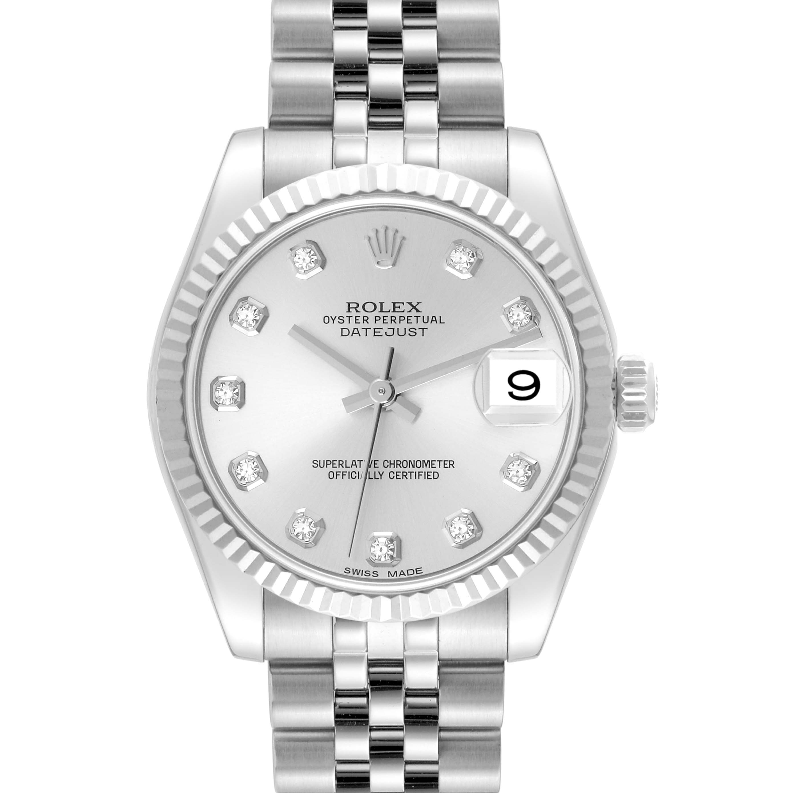 The image shows a front view of a Rolex Mid-Size 178274 Women
s Stainless Steel Silver Dial 178274 Women
s Stainless Steel Silver Dial Oyster Perpetual Datejust watch, highlighting the dial, bezel, and bracelet.
