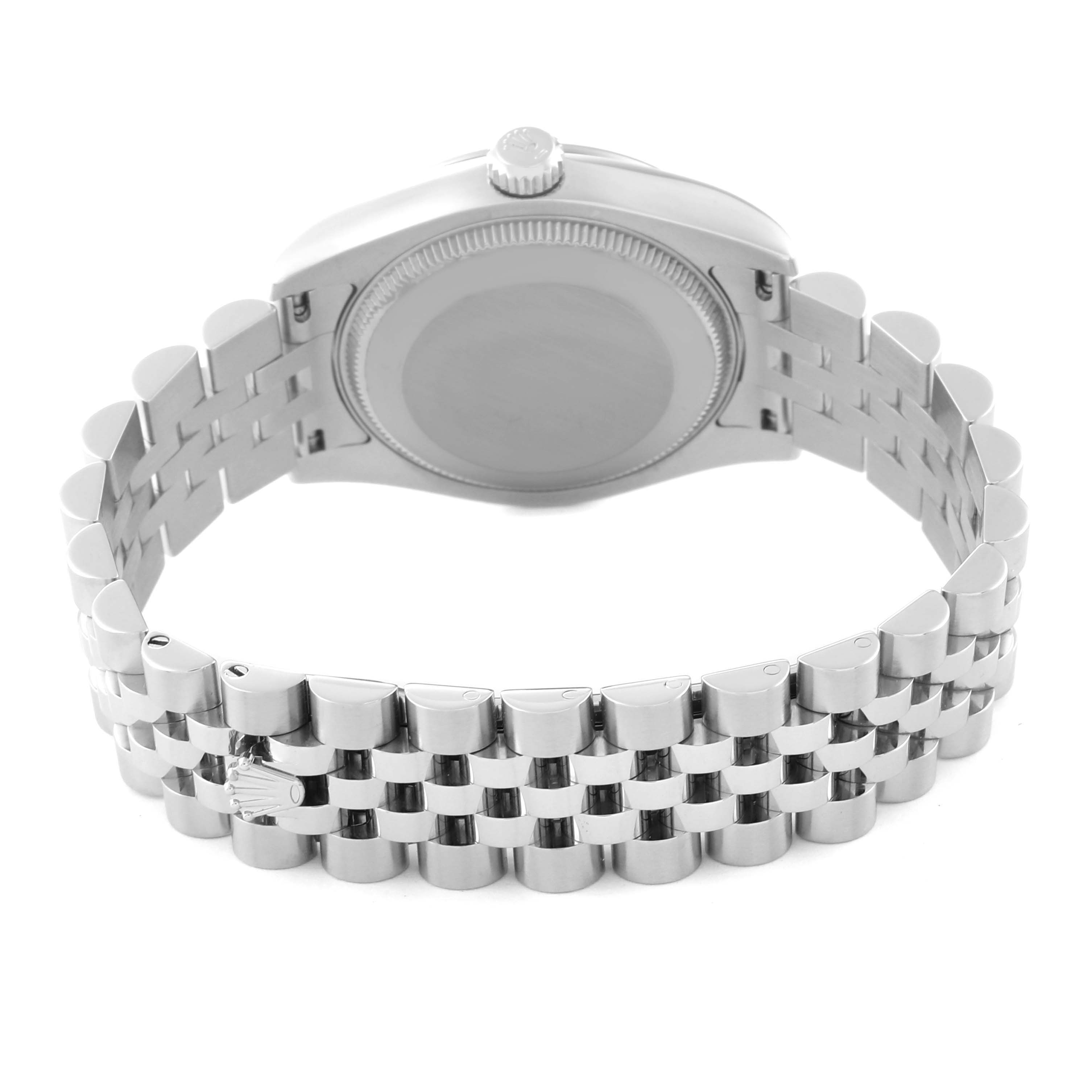 This image shows the back view of a Mid-Size Rolex watch with focus on the bracelet and case back.