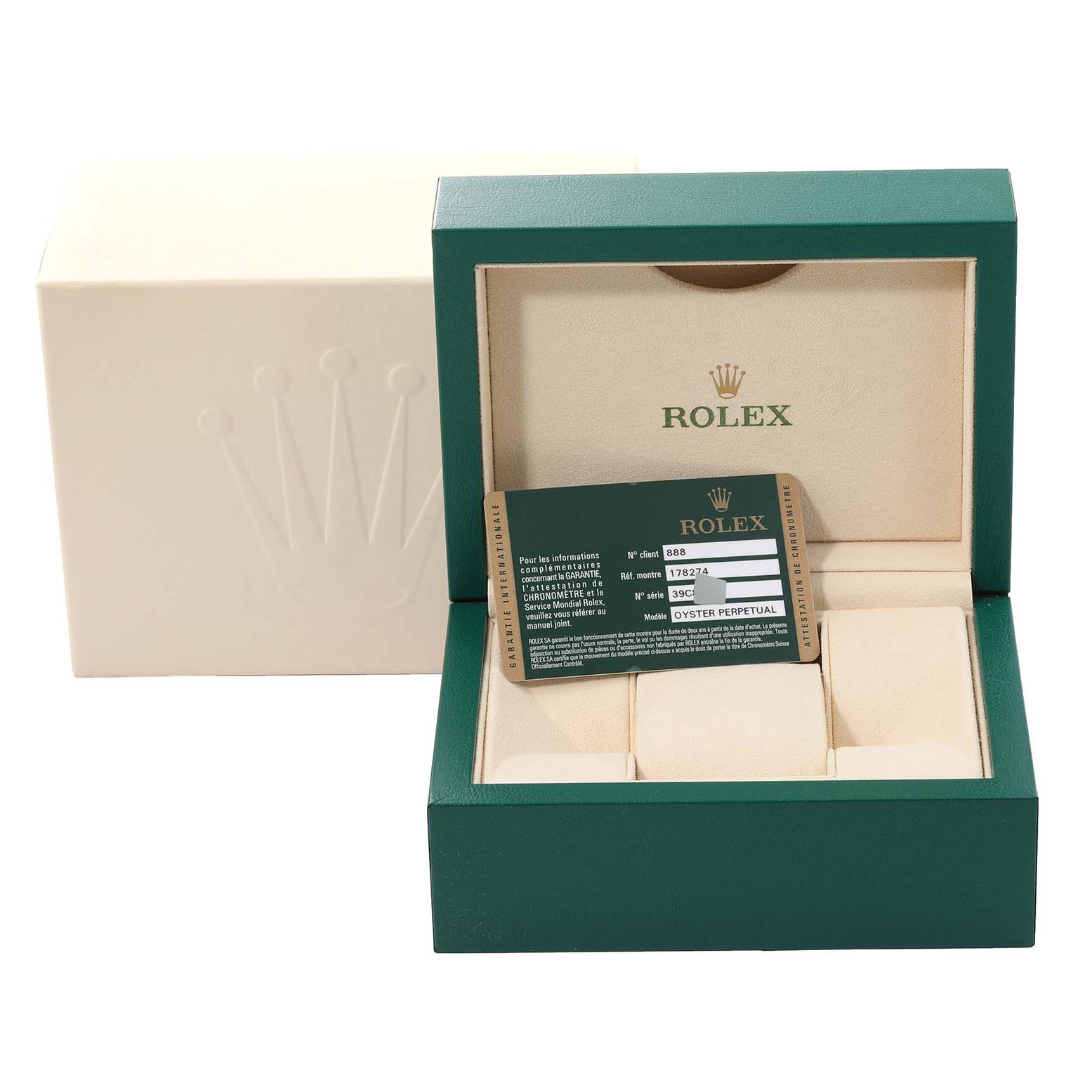 The image shows the packaging box and certification card for a Rolex Mid-Size 178274 Women
s Stainless Steel Silver Dial 178274 Women
s Stainless Steel Silver Dial model, including the cushion slots.