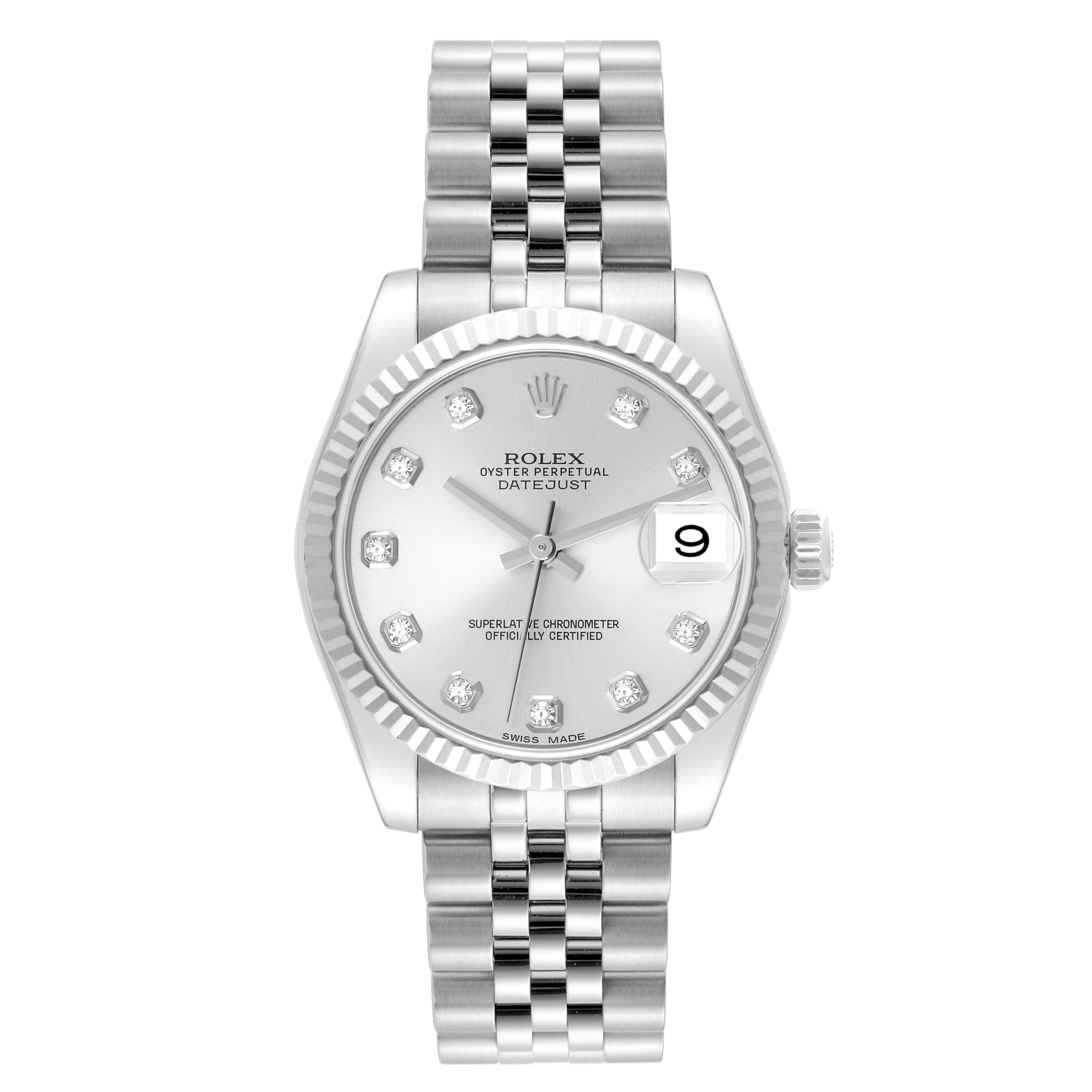 The Rolex Mid-Size 178274 Women
s Stainless Steel Silver Dial 178274 Women
s Stainless Steel Silver Dial Datejust watch is shown from a top-down angle, displaying its face, bezel, and bracelet.