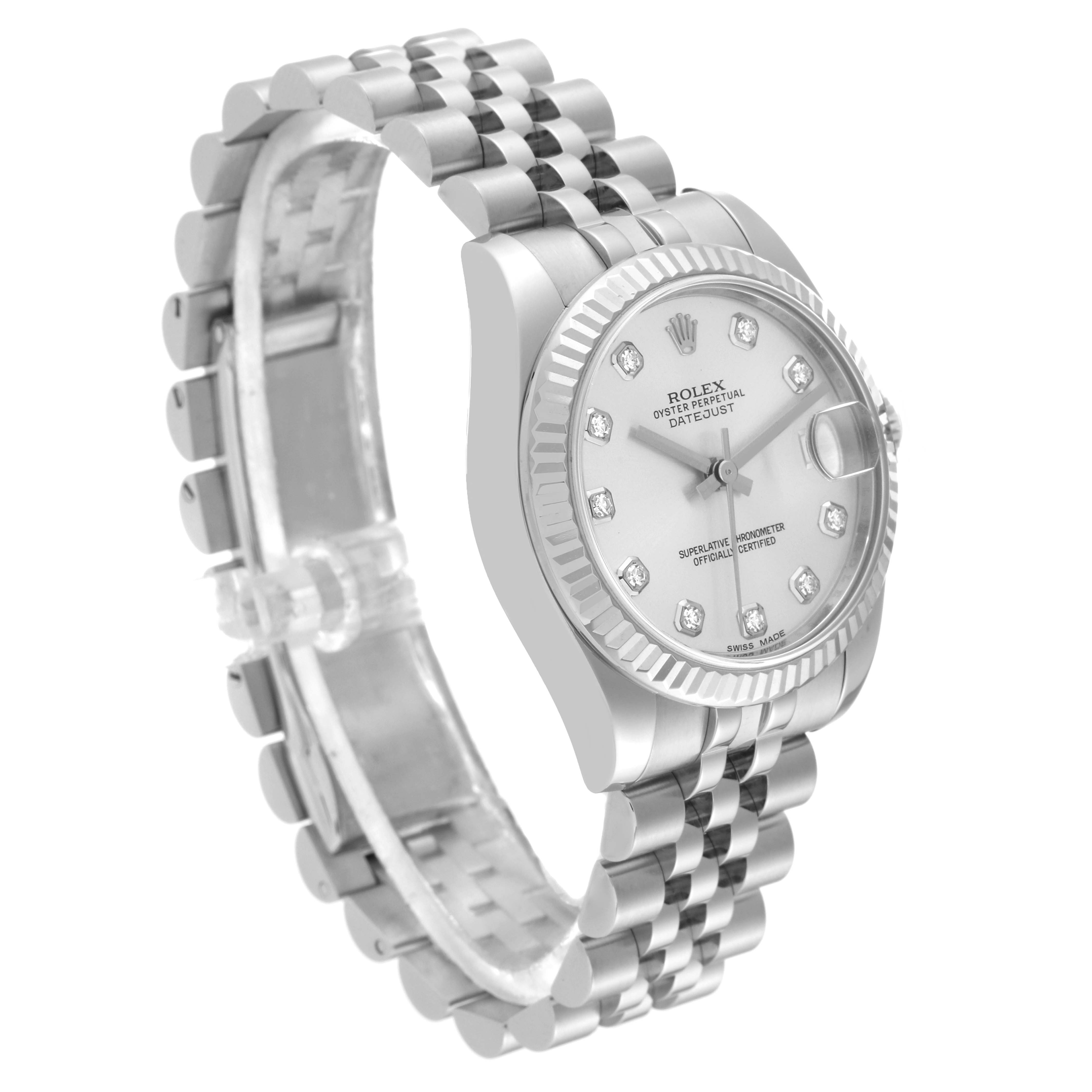 This Mid-Size Rolex watch is shown at a three-quarter angle, displaying the face, bezel, and bracelet.