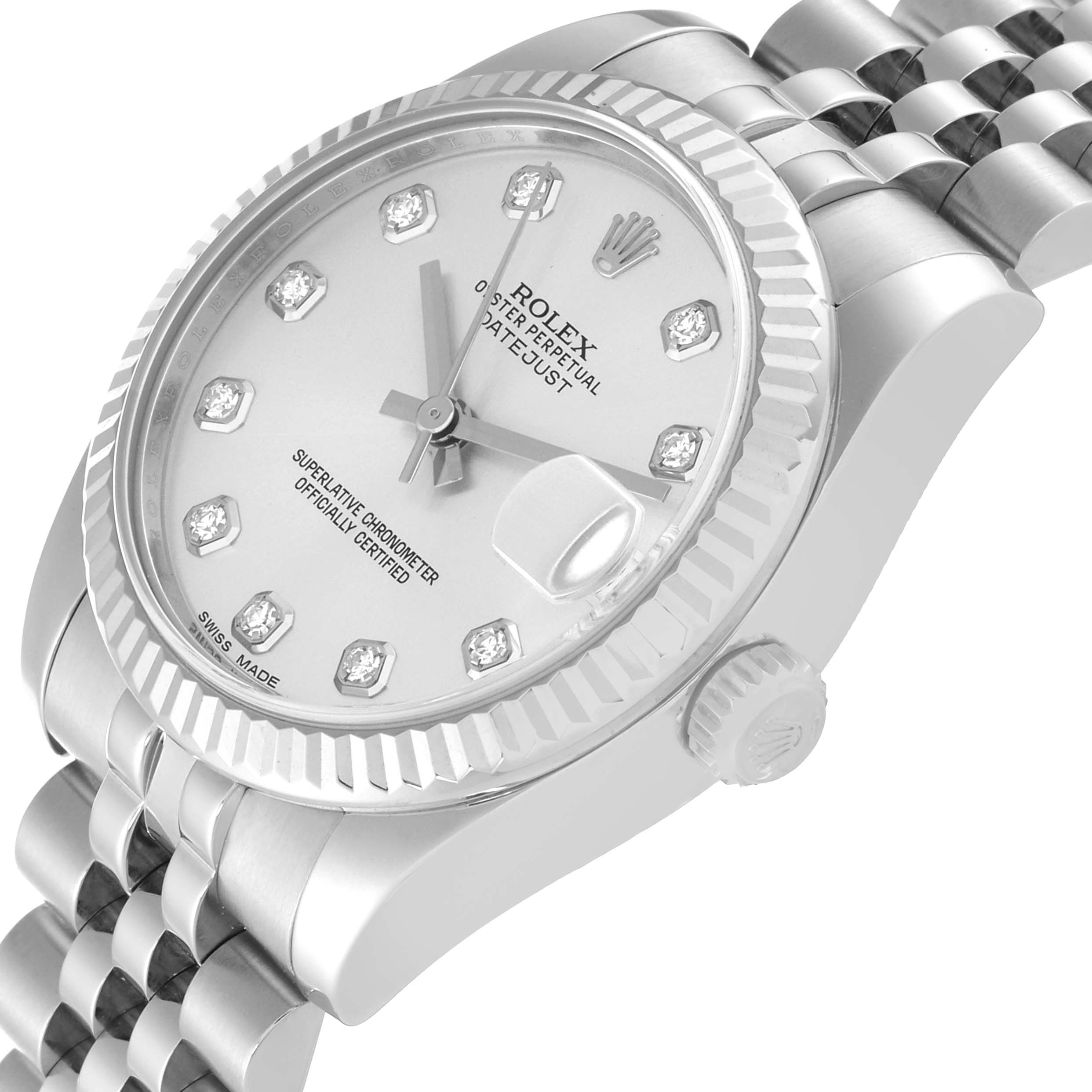 The image shows a Rolex Datejust Mid-Size watch angled to display the face, bezel, crown, and part of the bracelet.