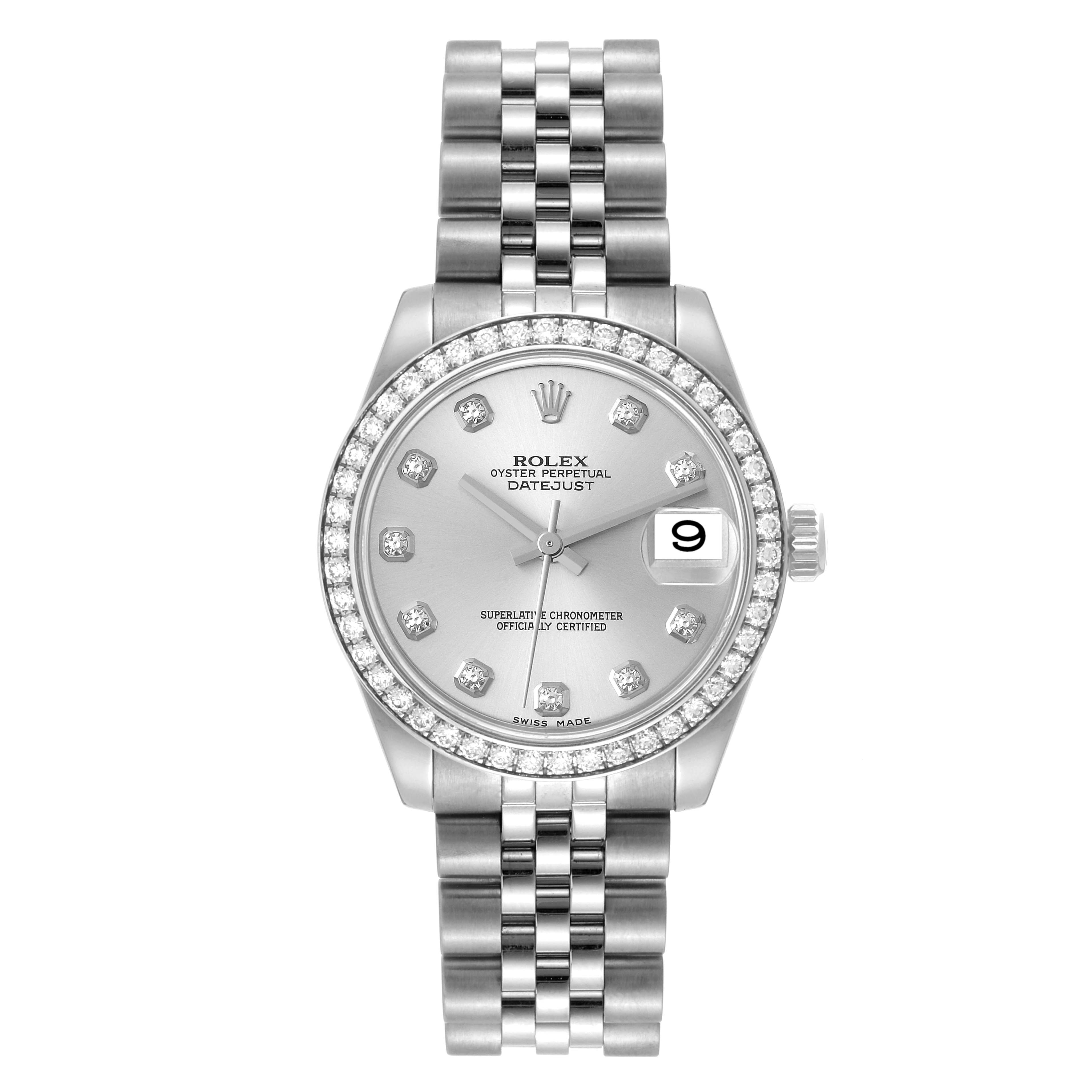 The image shows the front view of a Rolex Mid-Size 178384 Women
s Stainless Steel Silver Dial 178384 Women
s Stainless Steel Silver Dial Oyster Perpetual Datejust watch with a silver dial and diamond bezel.