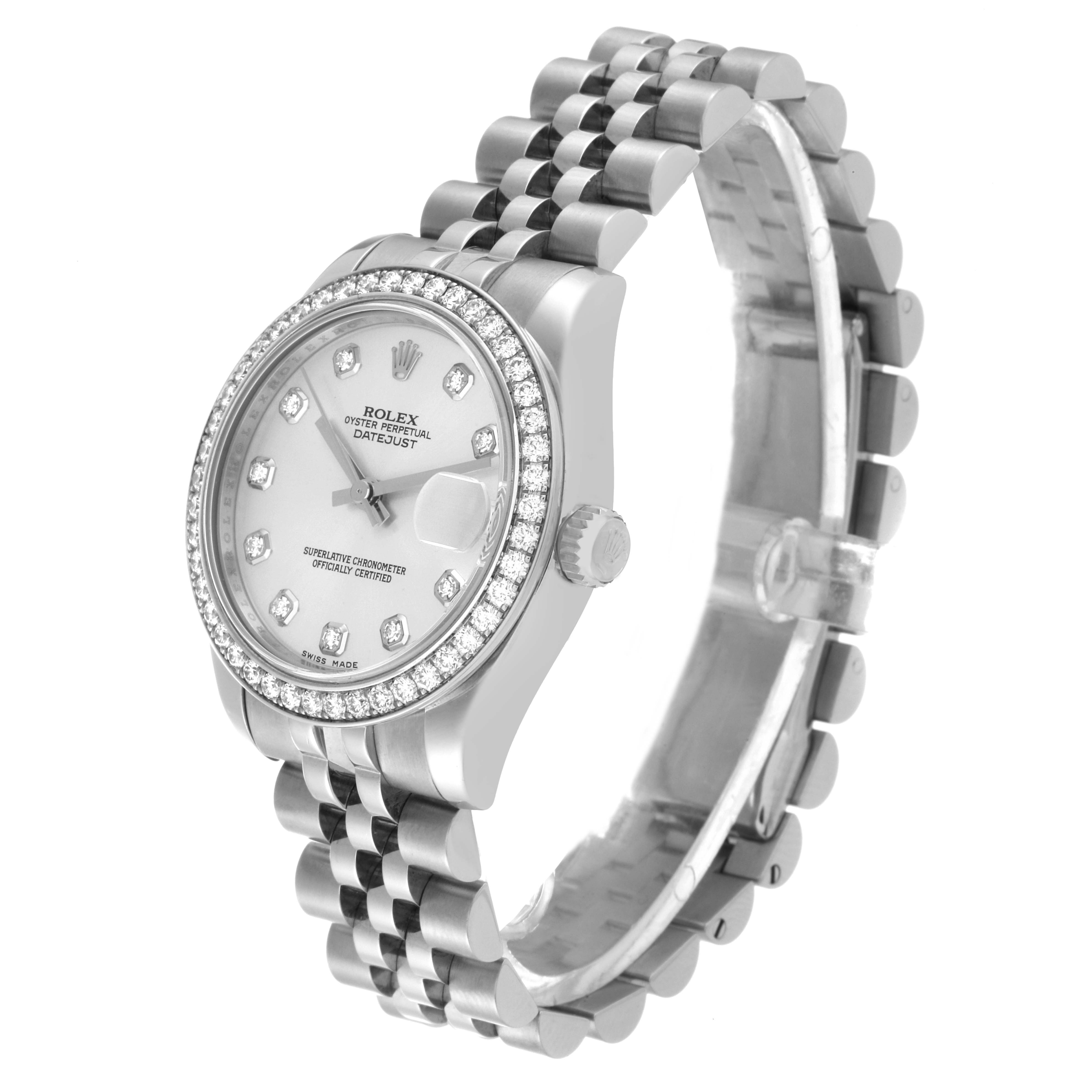 This image shows a side angle view of a Rolex Mid-Size 178384 Women
s Stainless Steel Silver Dial 178384 Women
s Stainless Steel Silver Dial Datejust watch highlighting the dial, bezel, and bracelet.
