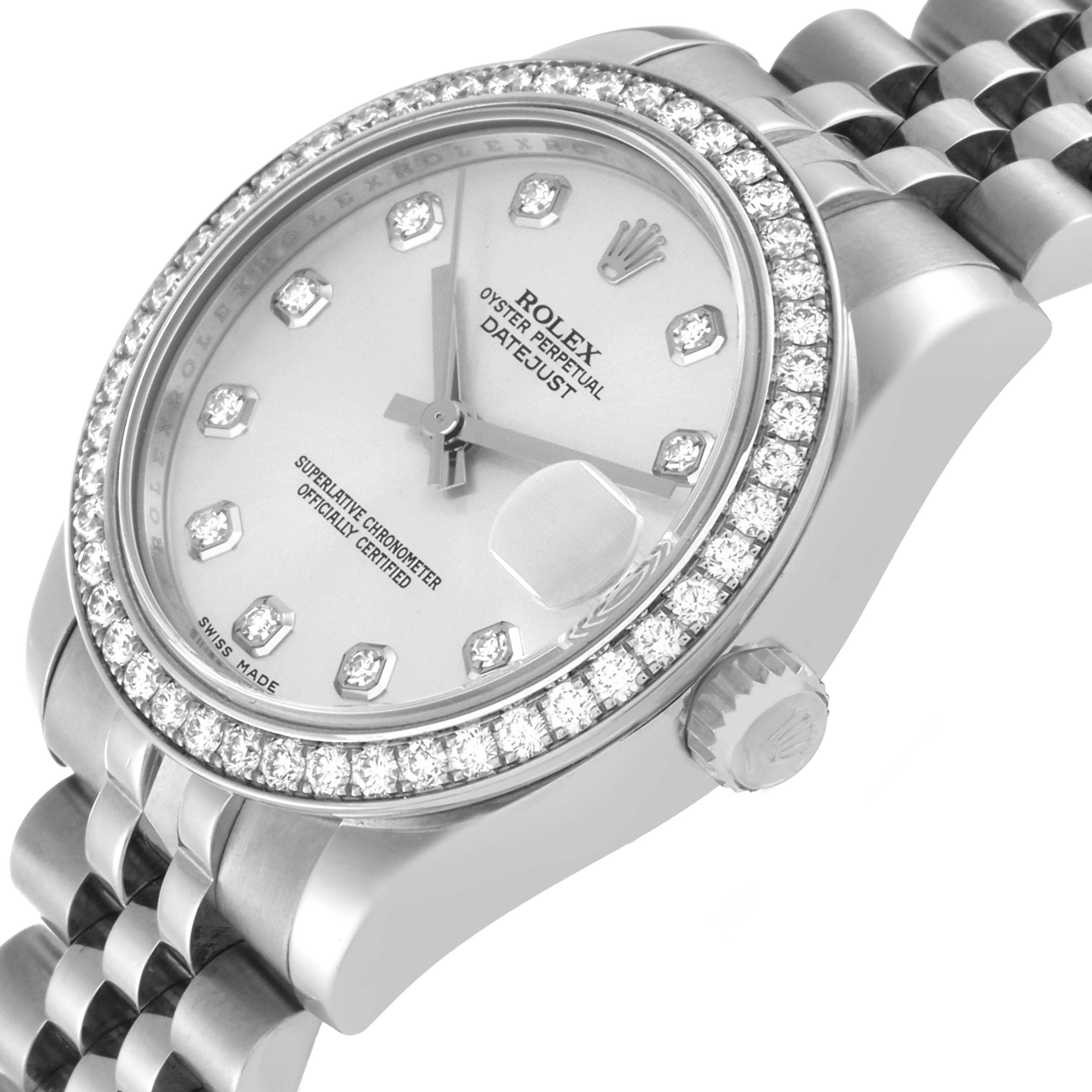 This image features a Rolex Datejust Mid-Size model watch, seen from a diagonal angle highlighting the face, bezel, and bracelet.
