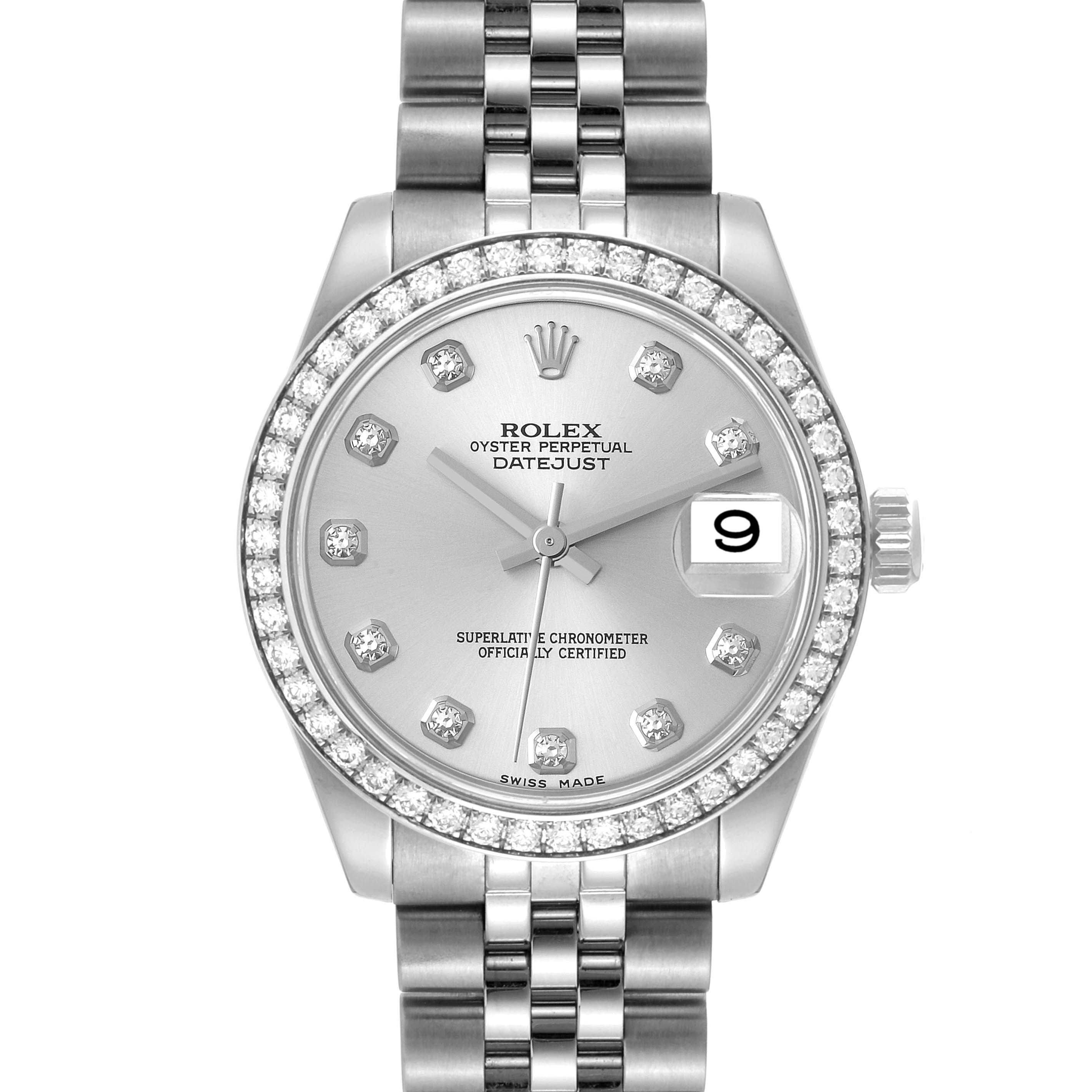 The image shows a front view of a Rolex Mid-Size 178384 Women
s Stainless Steel Silver Dial 178384 Women
s Stainless Steel Silver Dial Oyster Perpetual Datejust watch, highlighting its dial, bezel, and bracelet.