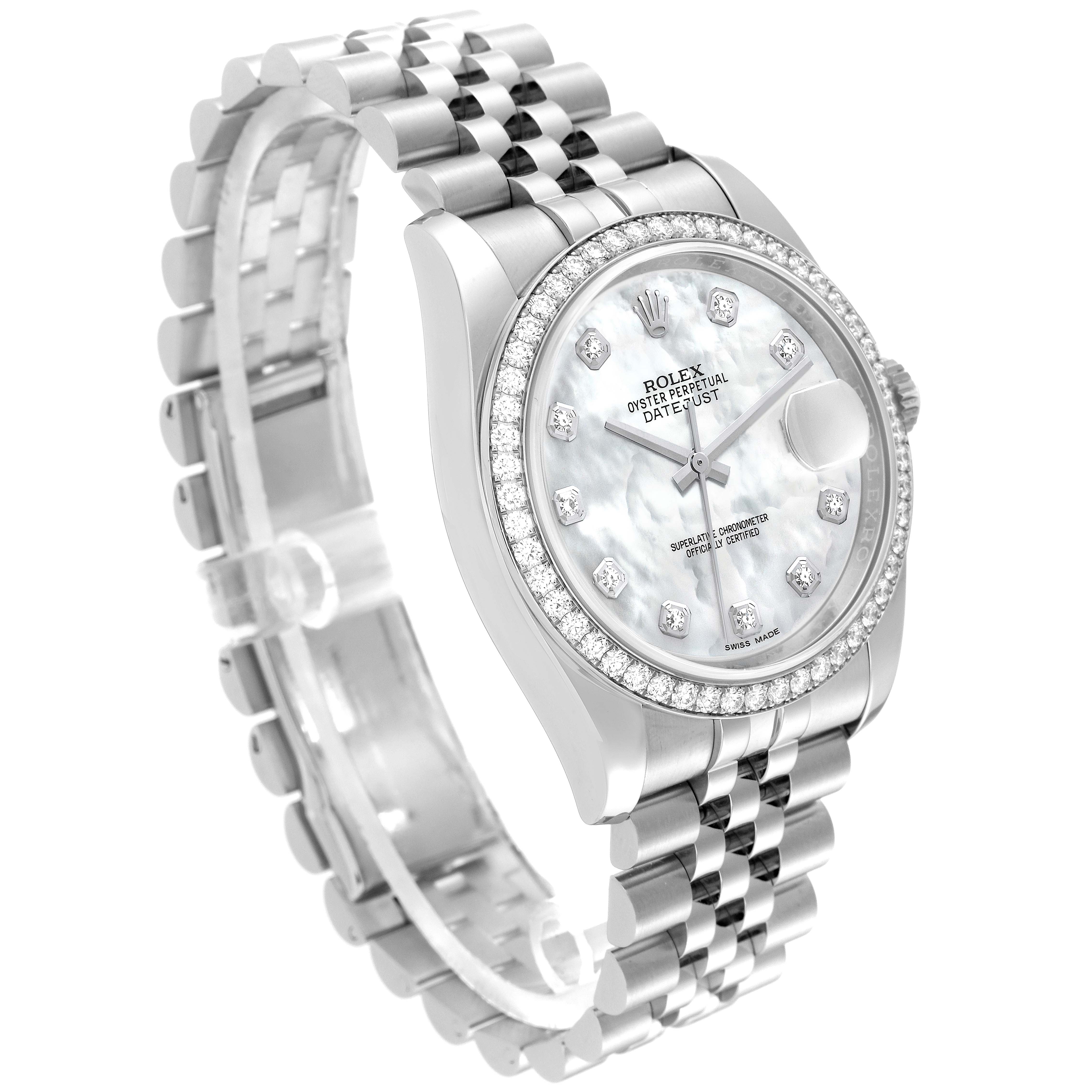 This image shows a Rolex Datejust 116244 Men's Stainless Steel Mother of Pearl Dial 116244 Men's Stainless Steel Mother of Pearl Dial watch from a front angle, displaying the dial, bezel, and bracelet.