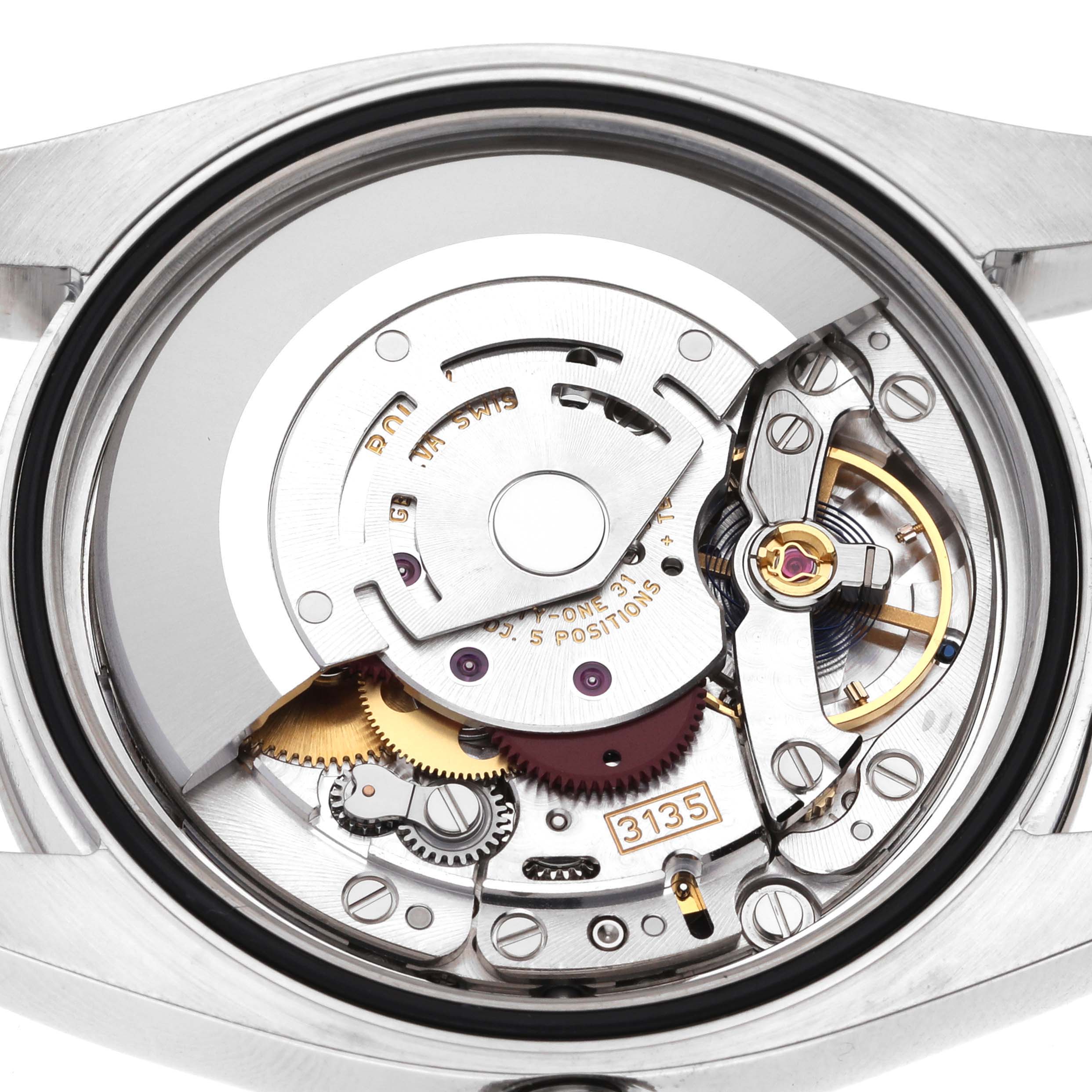 The image shows the internal mechanical components of a Rolex Datejust 116244 Men's Stainless Steel Mother of Pearl Dial 116244 Men's Stainless Steel Mother of Pearl Dial watch viewed from the case back.