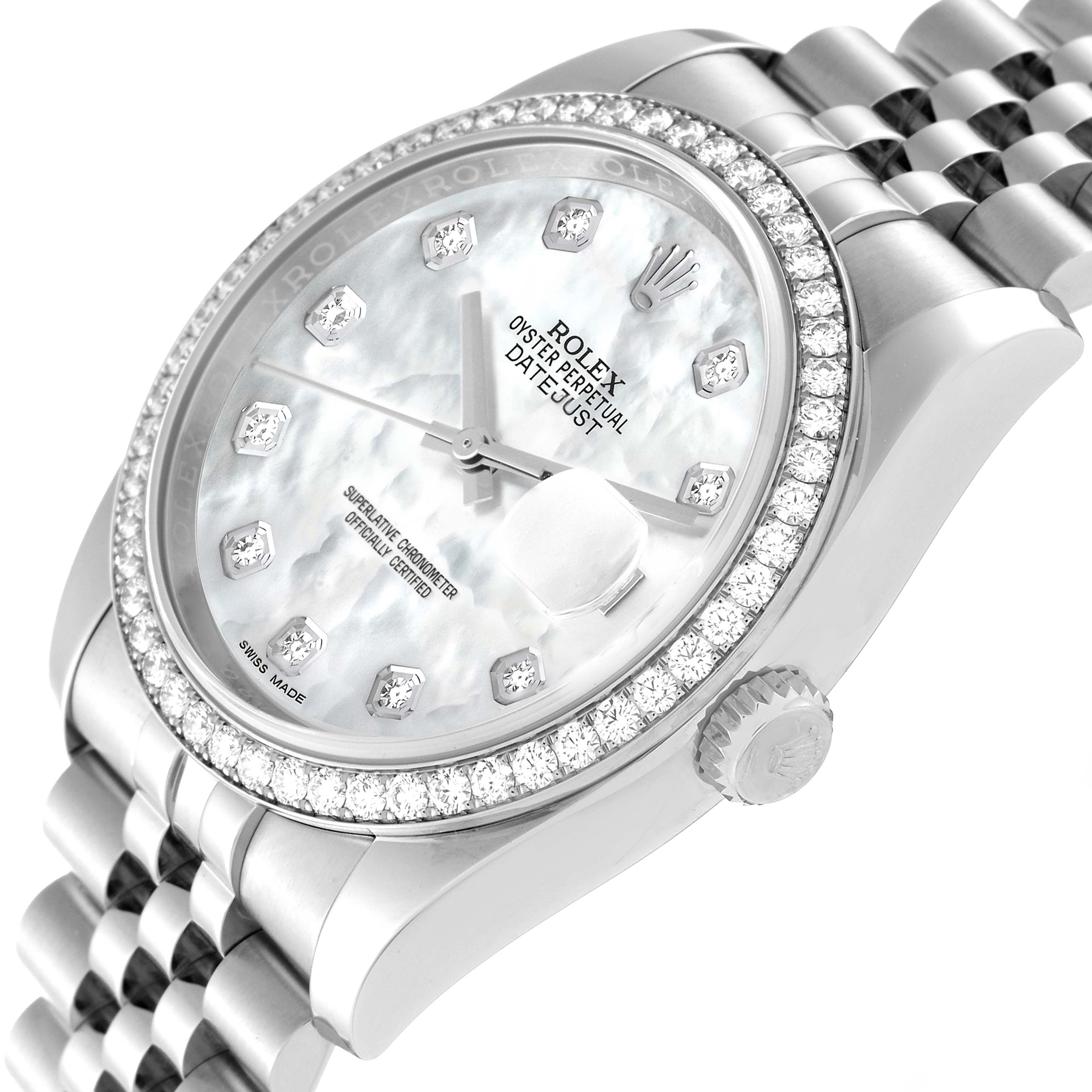 The Rolex Datejust 116244 Men's Stainless Steel Mother of Pearl Dial 116244 Men's Stainless Steel Mother of Pearl Dial watch is shown at an angled close-up, highlighting its dial, bezel, crown, and part of the bracelet.