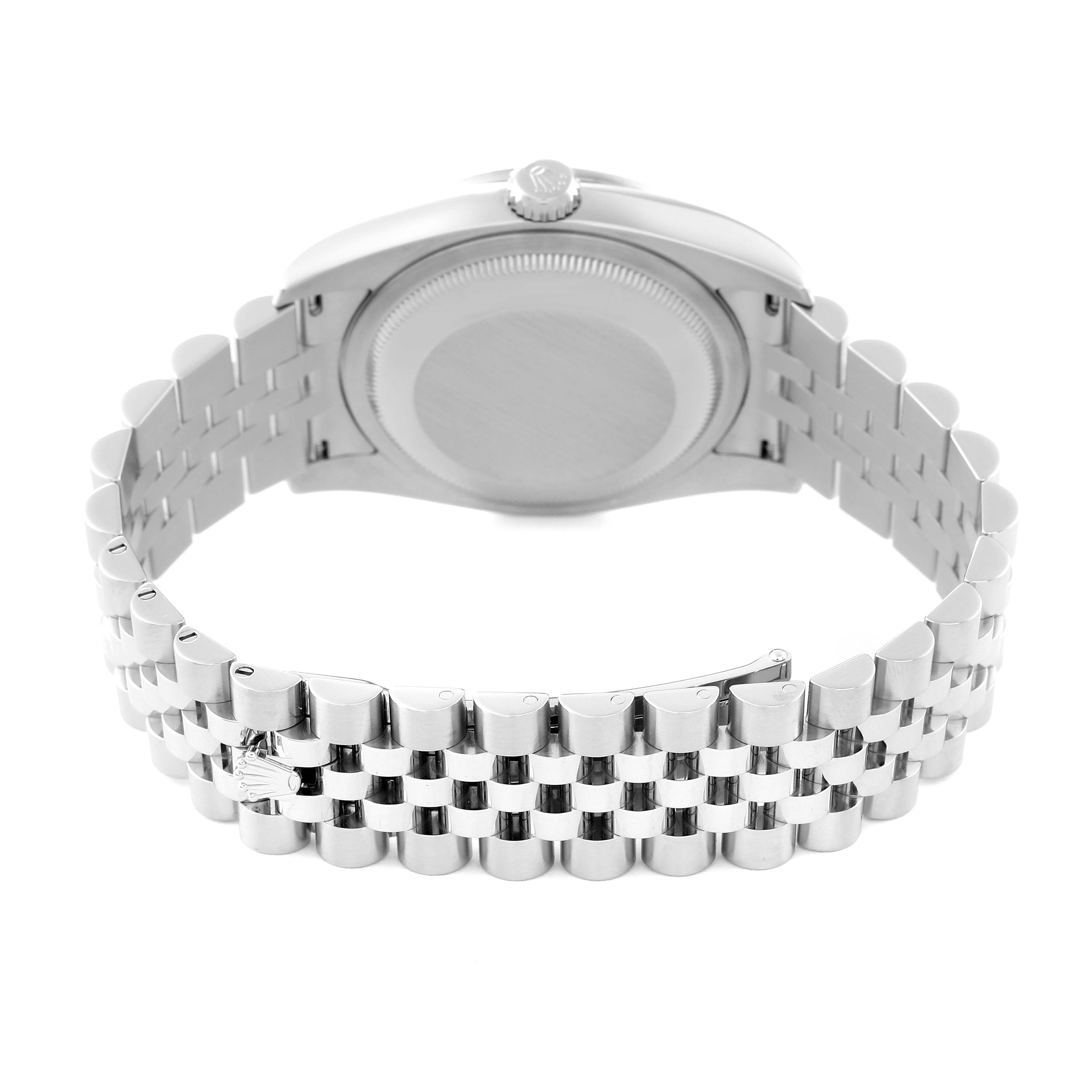 The image shows the back view of a Rolex Datejust 116244 Men's Stainless Steel Mother of Pearl Dial 116244 Men's Stainless Steel Mother of Pearl Dial watch focusing on its case back and Jubilee bracelet.