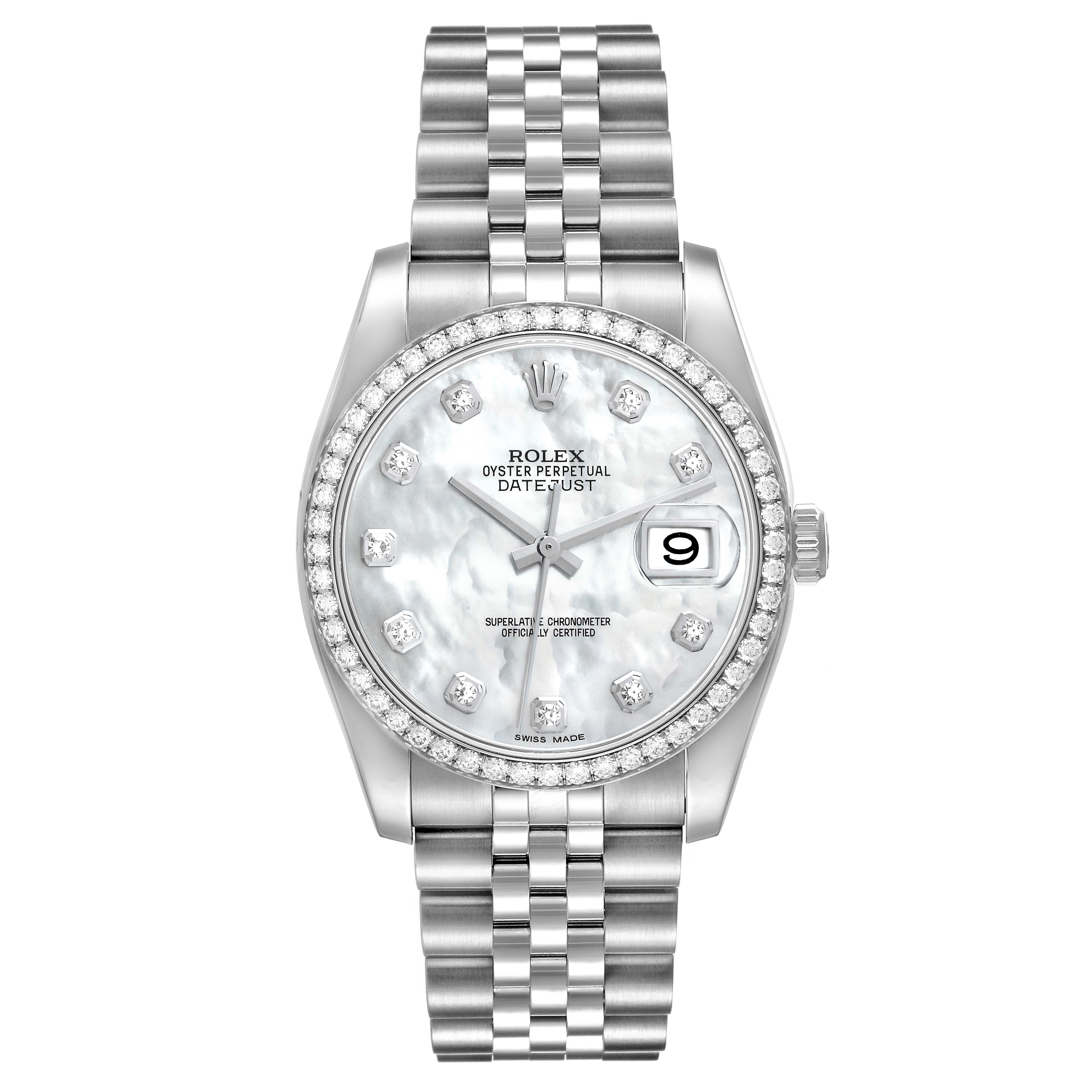 This image shows a front view of the Rolex Datejust 116244 Men's Stainless Steel Mother of Pearl Dial 116244 Men's Stainless Steel Mother of Pearl Dial watch, highlighting its face, dial, bezel, and jubilee bracelet.