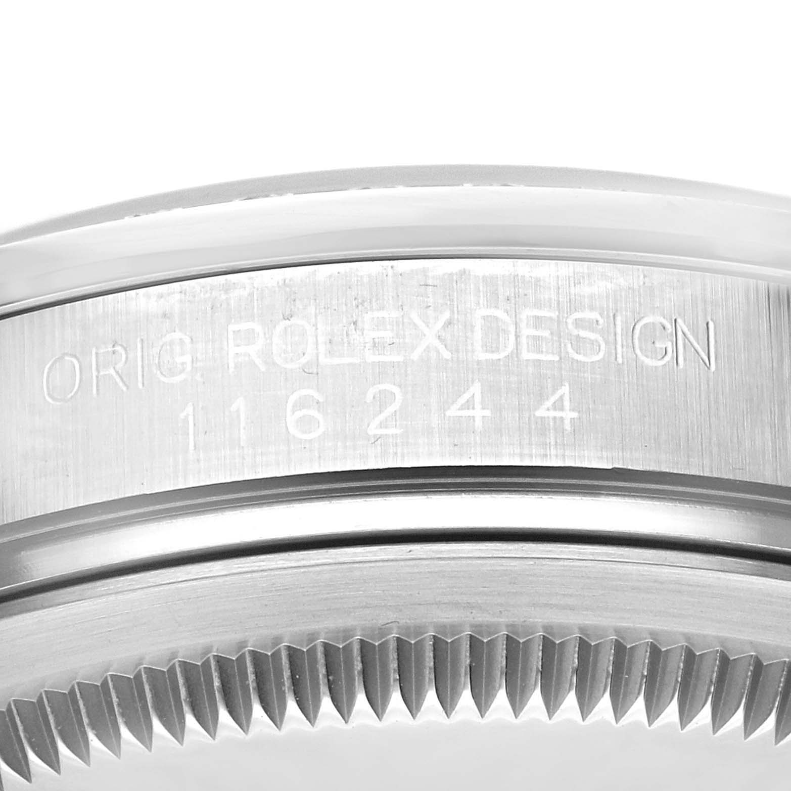 The image shows a close-up angle of the case and bezel of a Rolex Datejust 116244 Men's Stainless Steel Mother of Pearl Dial 116244 Men's Stainless Steel Mother of Pearl Dial watch, highlighting the engraved design and model number.