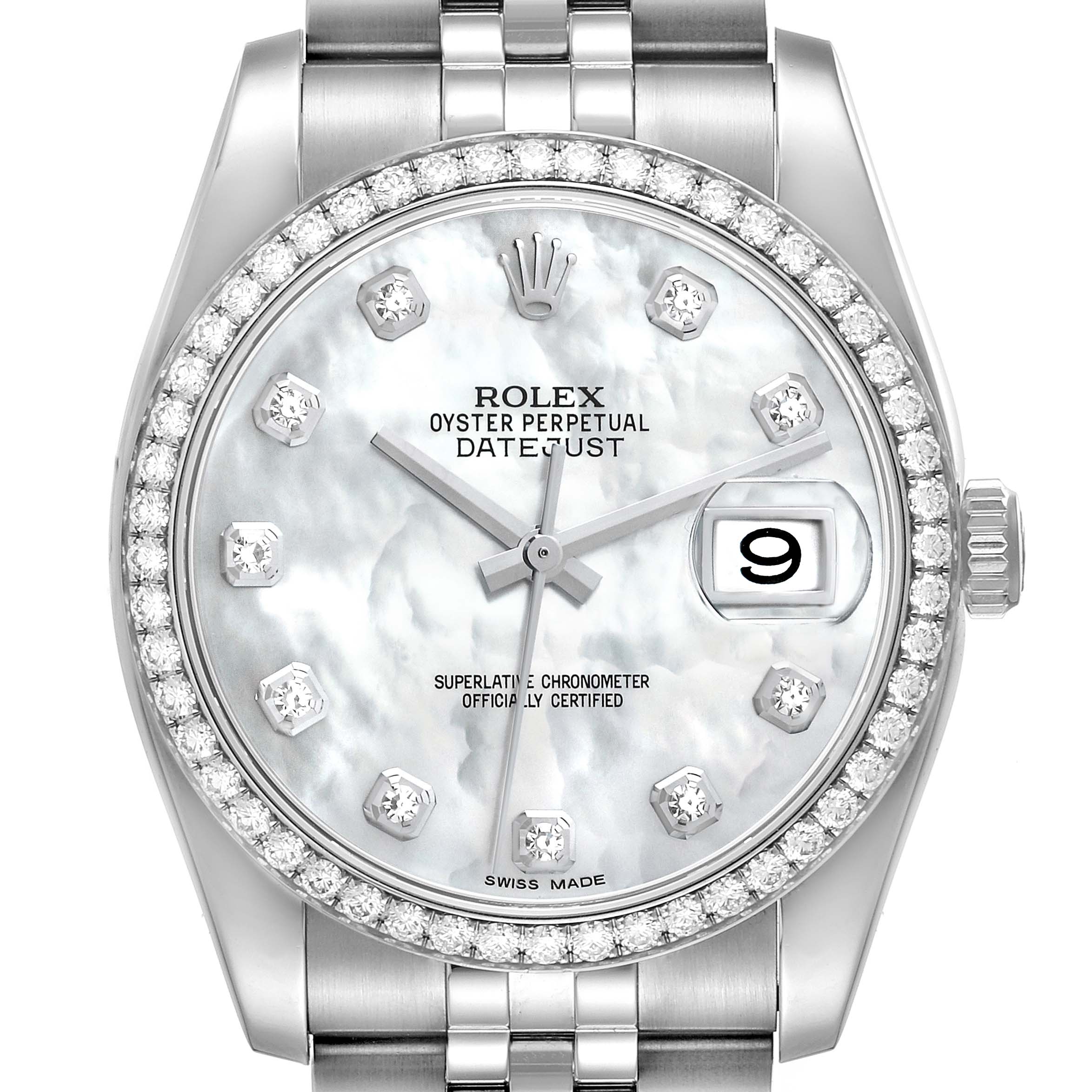 The image shows a close-up front view of a Rolex Datejust 116244 Men's Stainless Steel Mother of Pearl Dial 116244 Men's Stainless Steel Mother of Pearl Dial watch featuring a diamond-studded bezel and a date display.