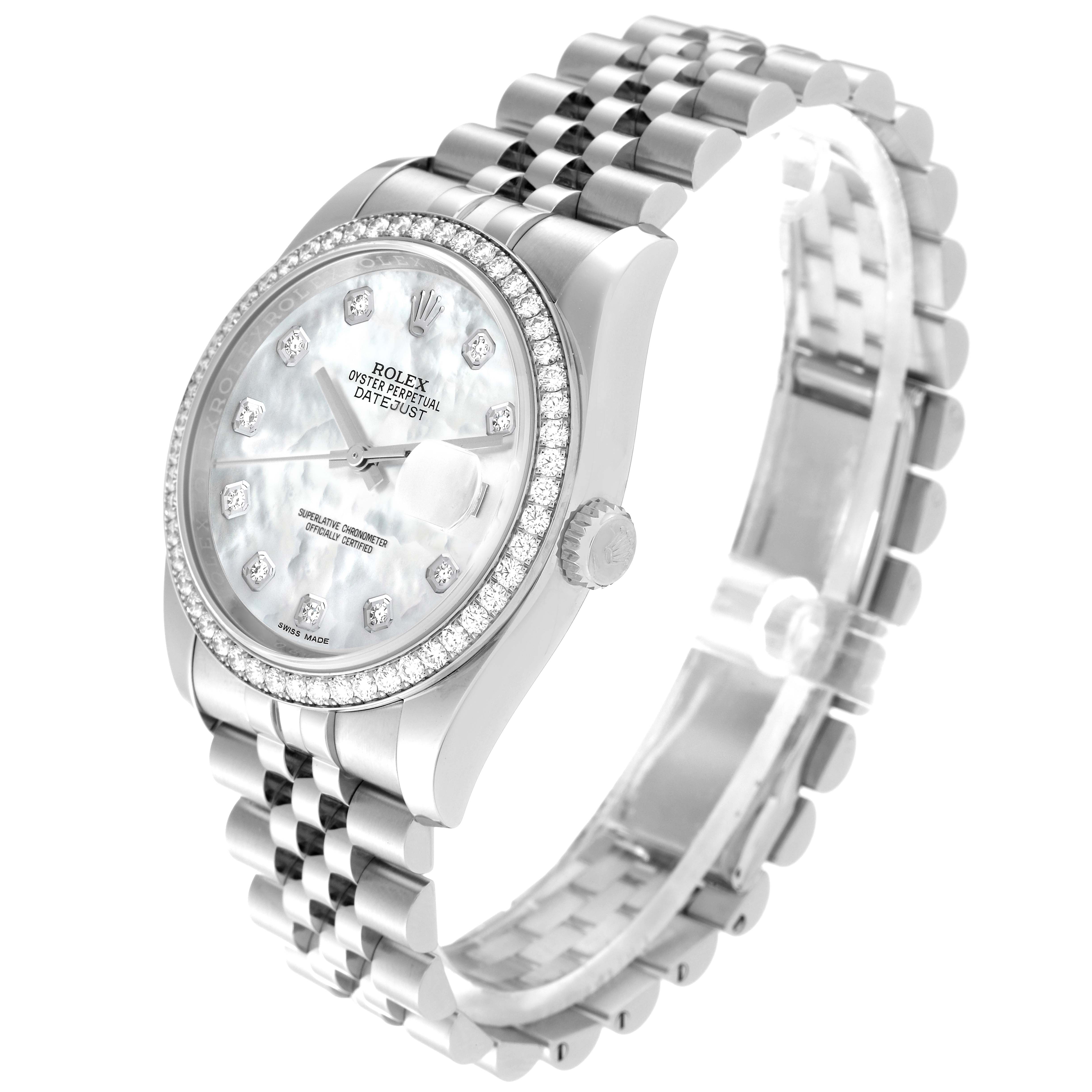 The image shows a Rolex Datejust 116244 Men's Stainless Steel Mother of Pearl Dial 116244 Men's Stainless Steel Mother of Pearl Dial watch at a three-quarter angle, highlighting its face, bezel, and bracelet.
