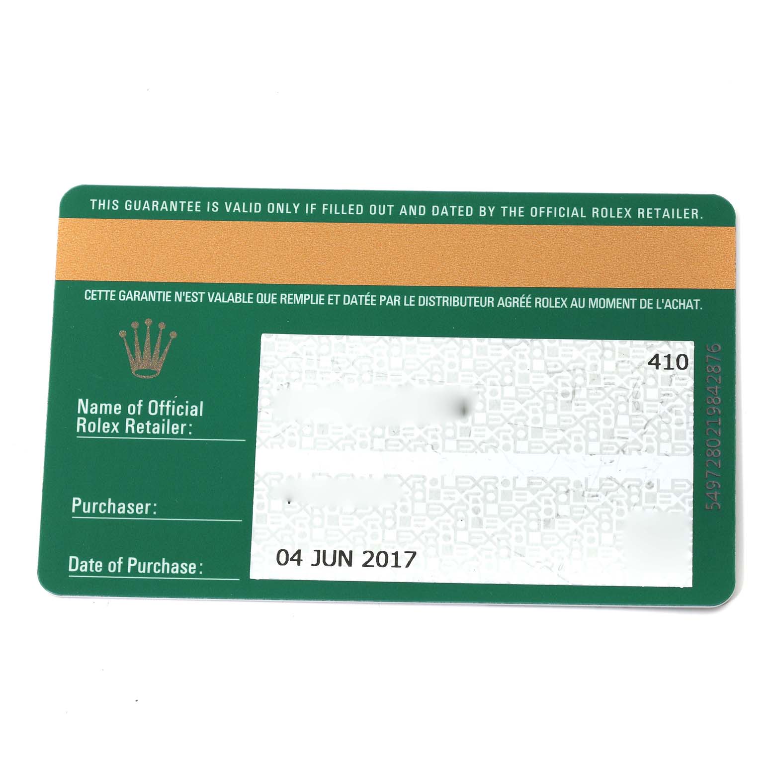 This is a guarantee card for a Datejust model by Rolex, showing fields for the retailer's name, purchaser, and date of purchase.