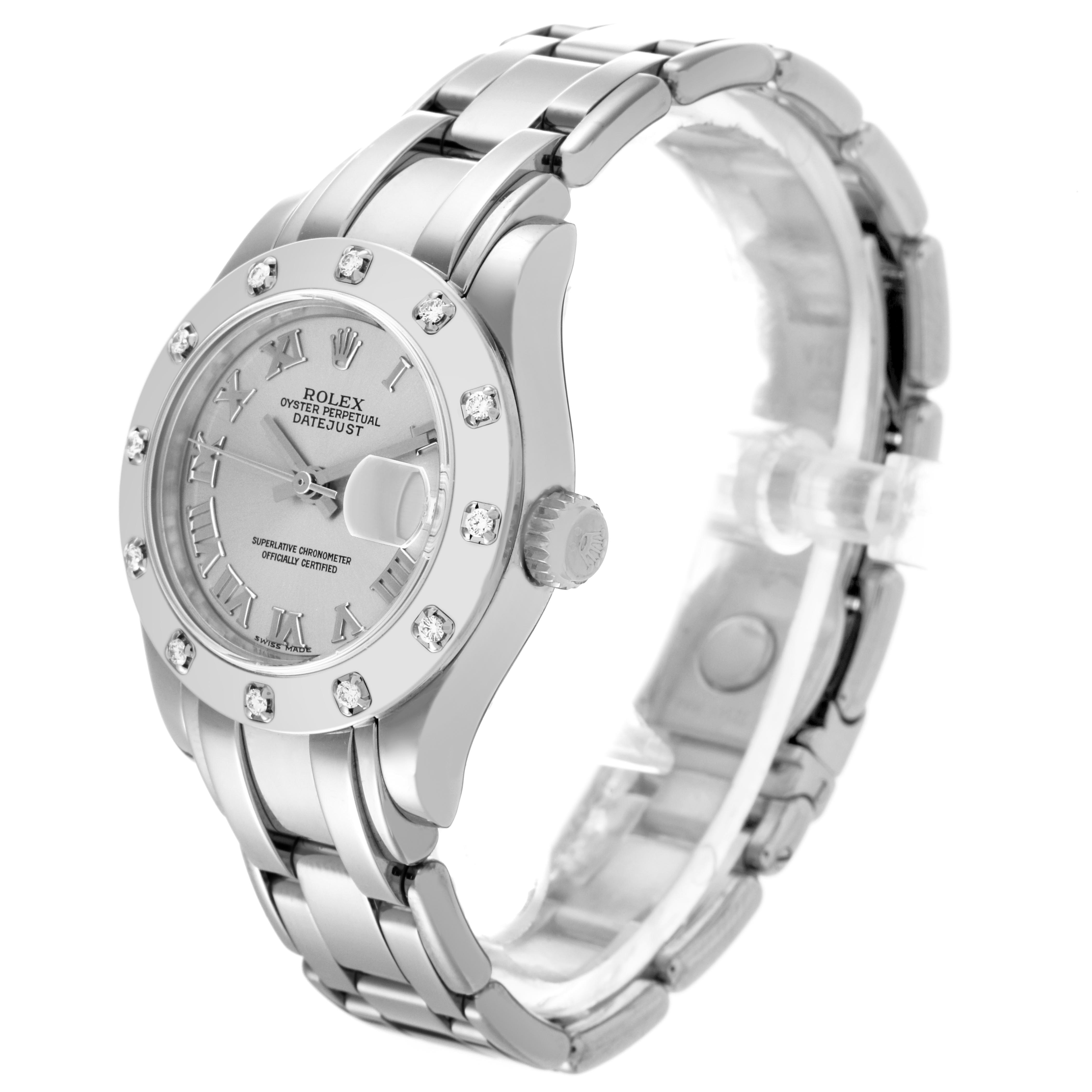 The Rolex Pearlmaster 80319 Women
s White Gold Silver Dial 80319 Women
s White Gold Silver Dial watch is shown at a three-quarter angle, highlighting the face, bezel, crown, and part of the bracelet.