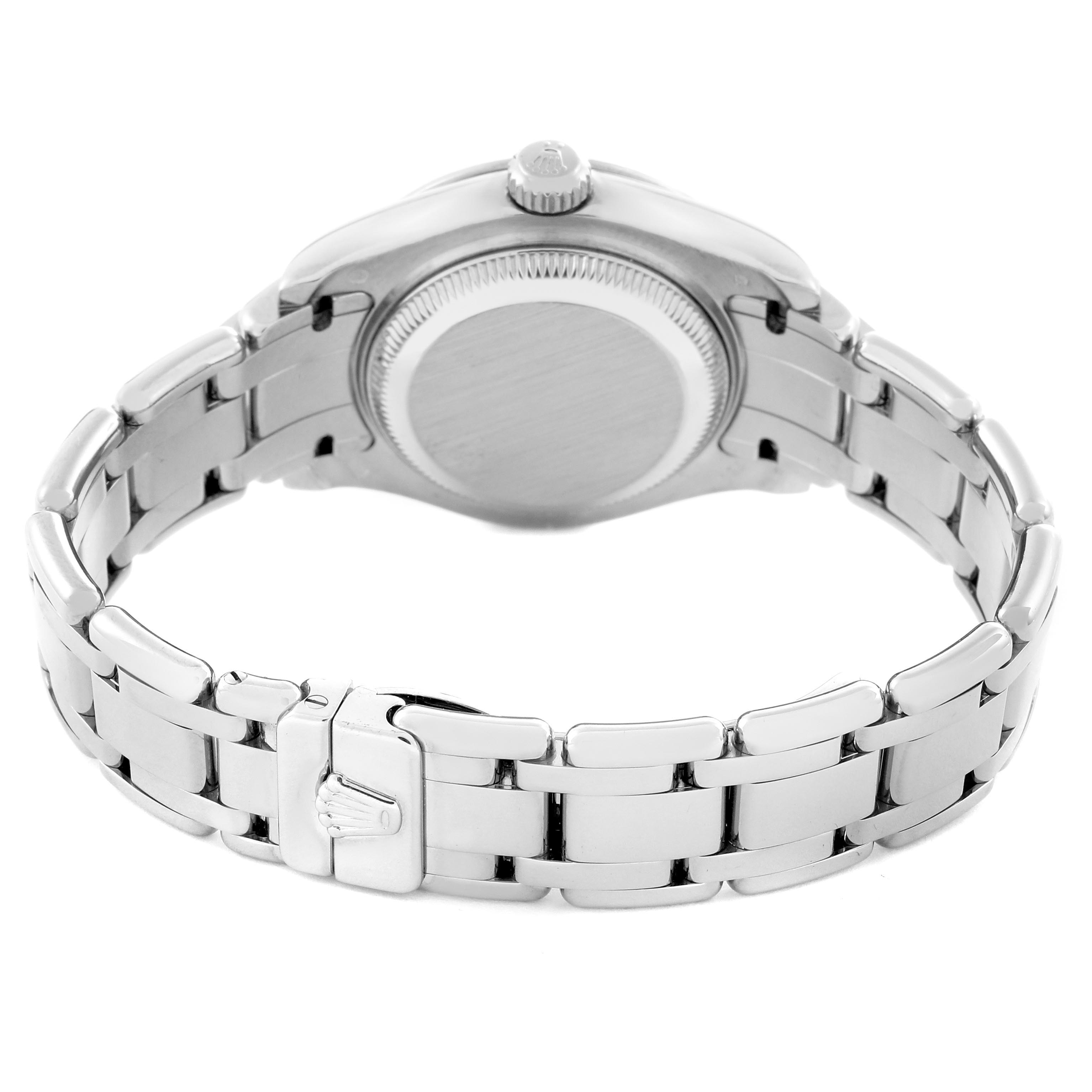 The image shows the back of the Rolex Pearlmaster 80319 Women
s White Gold Silver Dial 80319 Women
s White Gold Silver Dial watch highlighting the case back, crown, and bracelet clasp.