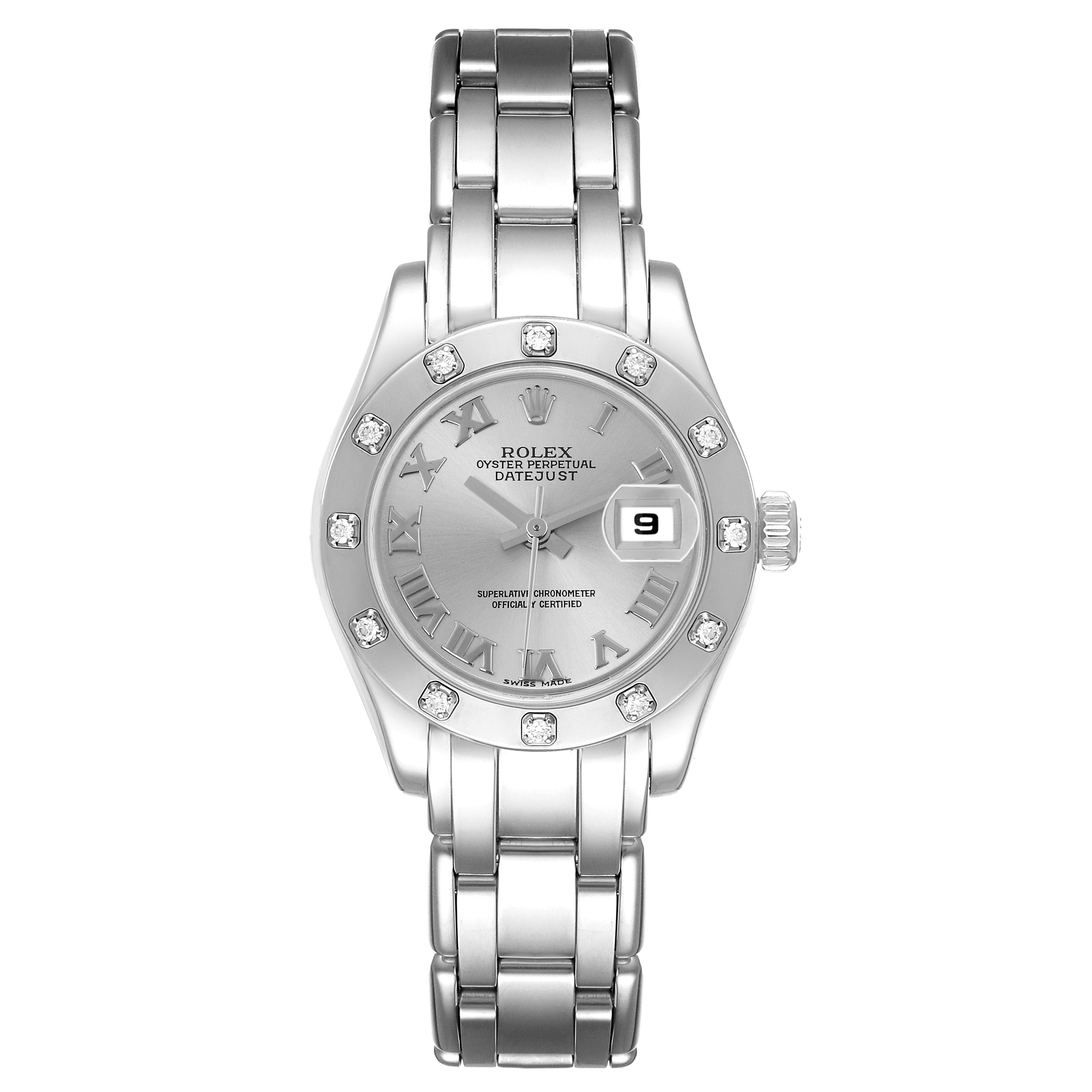 The Rolex Pearlmaster 80319 Women's White Gold Silver Dial 80319 Women's White Gold Silver Dial watch is shown from a top-down angle, displaying the face, bracelet, and bezel with diamond accents.