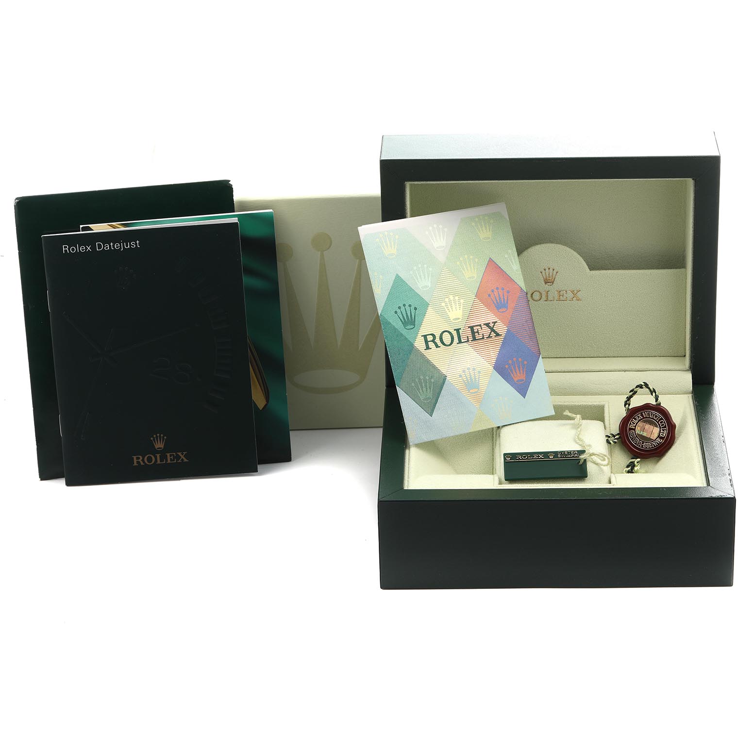 The image shows a Rolex Pearlmaster 80319 Women
s White Gold Silver Dial 80319 Women
s White Gold Silver Dial watch box, booklets, card, and hang tag from a frontal angle.