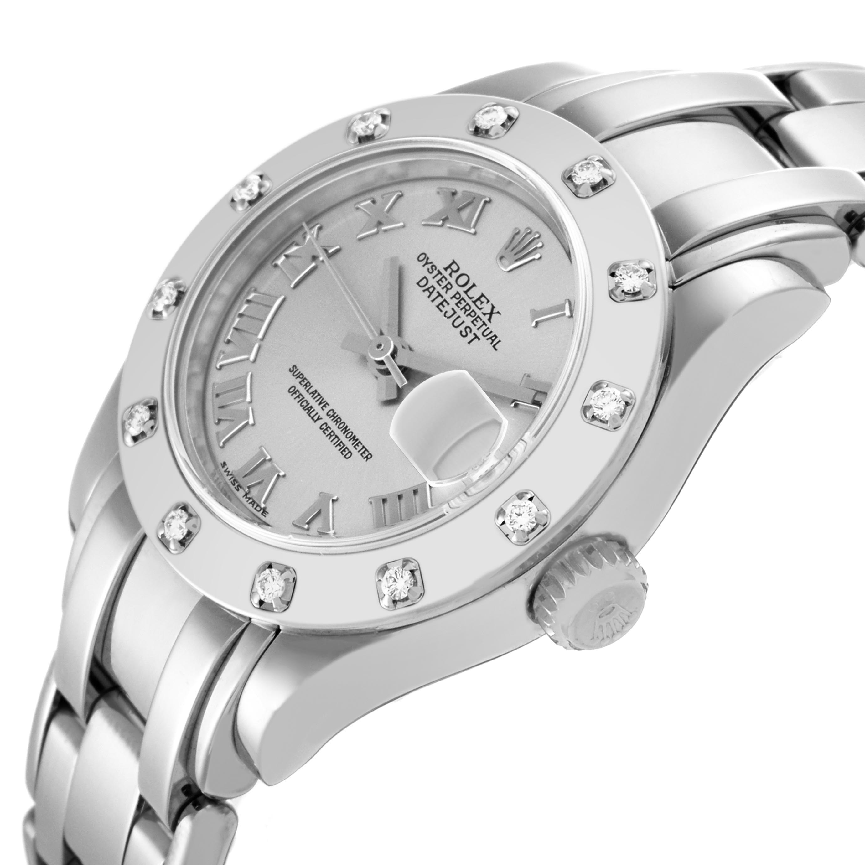 The Rolex Pearlmaster 80319 Women
s White Gold Silver Dial 80319 Women
s White Gold Silver Dial watch is shown at a slight angle, displaying the face, bezel, crown, and part of the bracelet.