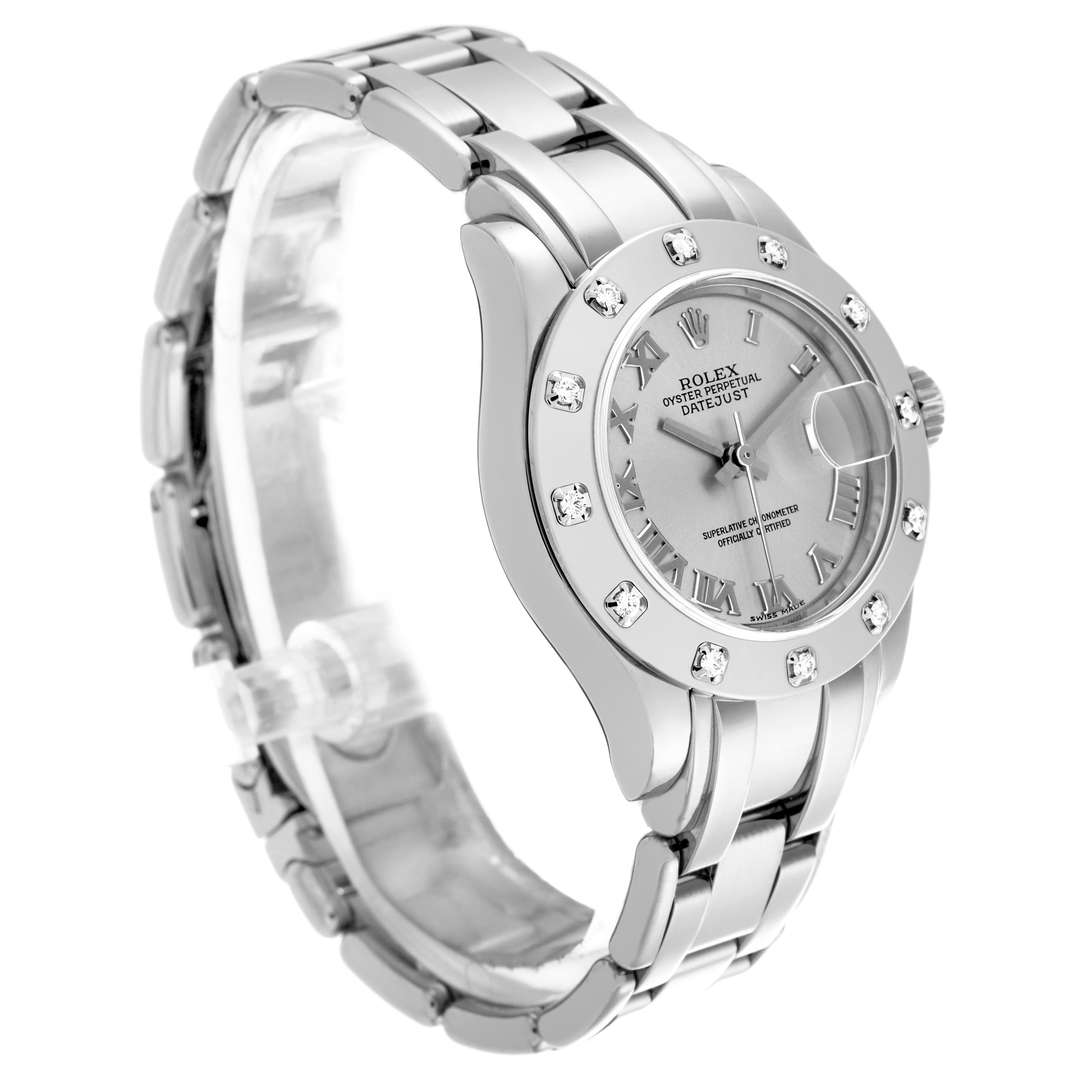 The Rolex Pearlmaster 80319 Women
s White Gold Silver Dial 80319 Women
s White Gold Silver Dial watch is shown at a three-quarter angle, highlighting the face, bezel, and bracelet.