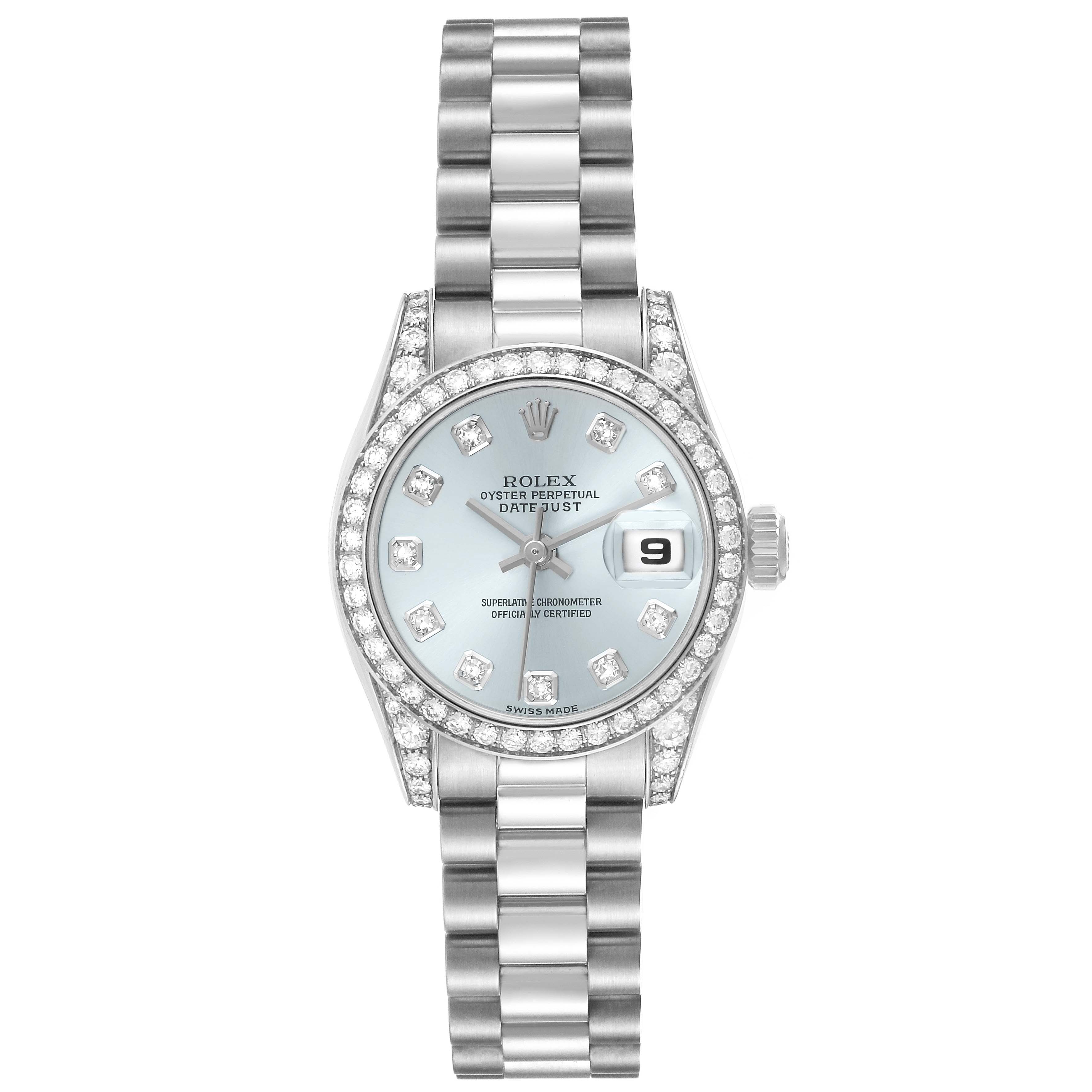 The Rolex President 179159 Women
s Platinum Blue Dial 179159 Women
s Platinum Blue Dial model is shown from a top-down angle, displaying the watch face, bracelet, and diamond bezel.