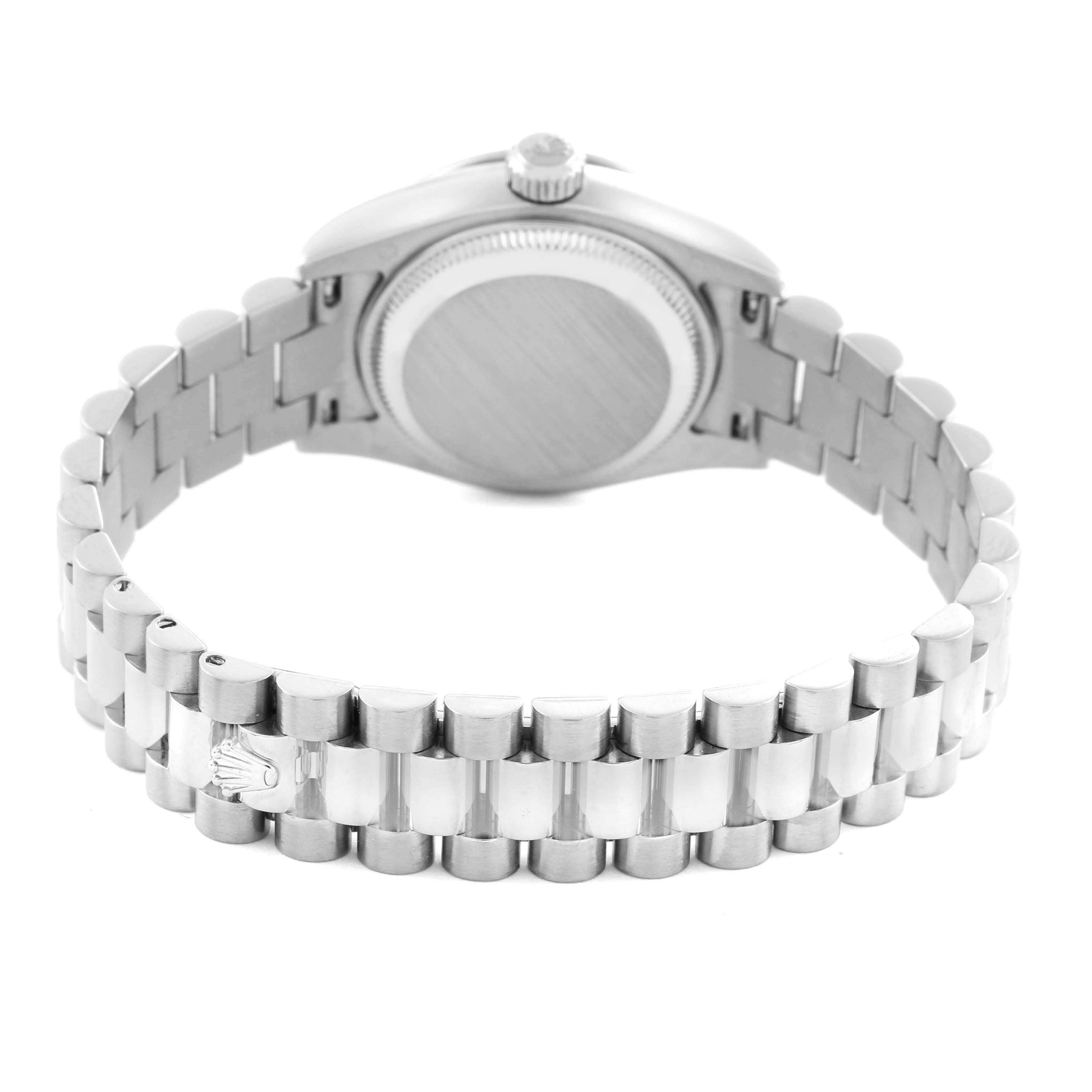 The image shows the back of a Rolex President 179159 Women
s Platinum Blue Dial 179159 Women
s Platinum Blue Dial model watch, highlighting the case back and bracelet.