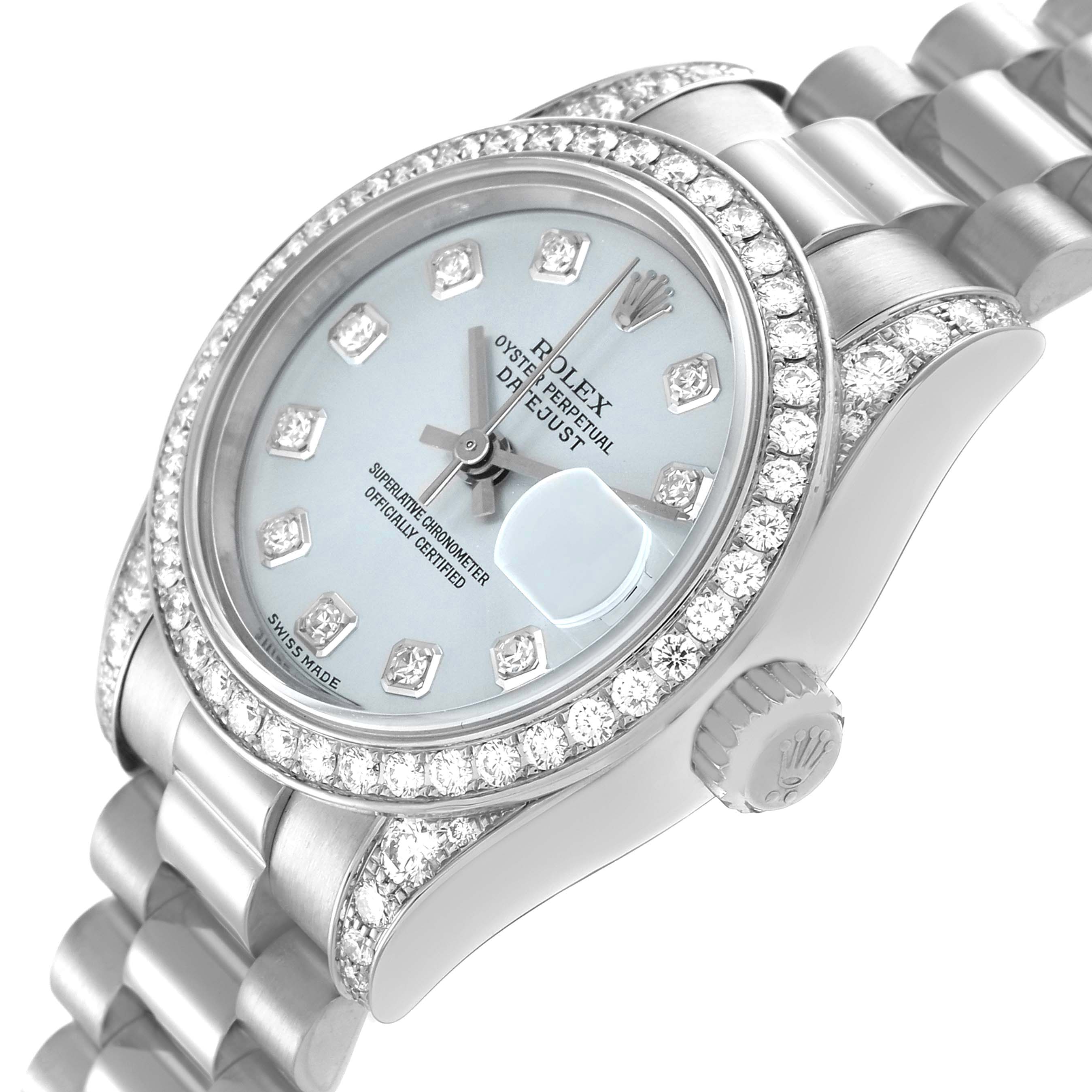 The Rolex President 179159 Women
s Platinum Blue Dial 179159 Women
s Platinum Blue Dial model is shown at an angled side view, featuring its diamond-embedded bezel, dial, and part of the bracelet.