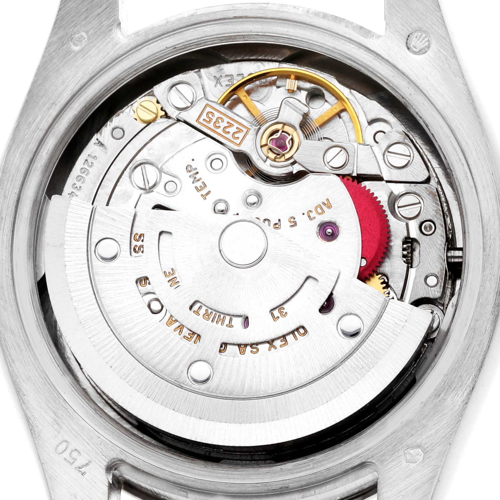 The image shows the internal movement of a Rolex President 179159 Women
s Platinum Blue Dial 179159 Women
s Platinum Blue Dial watch, featuring the rotor and gear assembly from a top-down view.