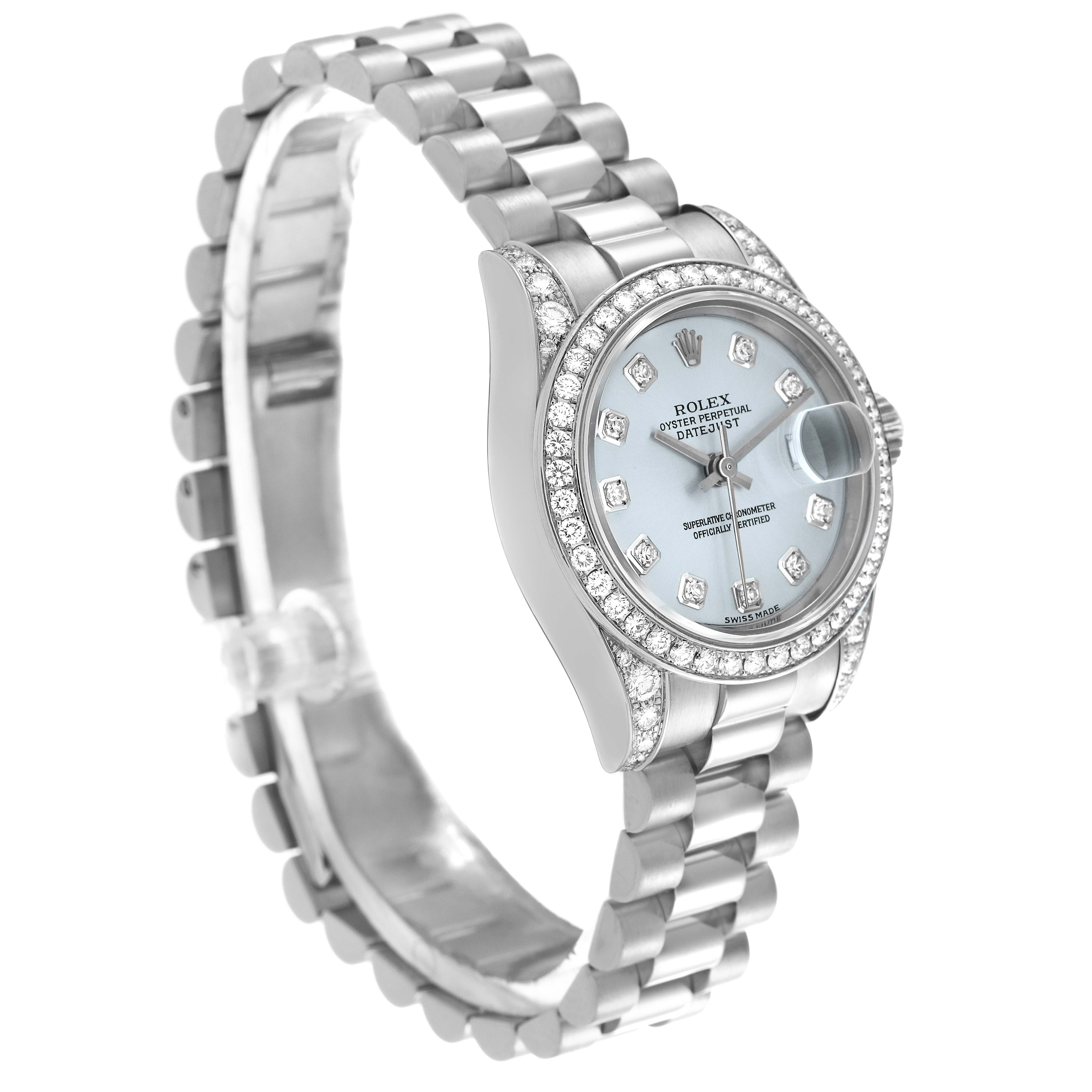 The Rolex President 179159 Women
s Platinum Blue Dial 179159 Women
s Platinum Blue Dial watch is shown at an angle highlighting the face, bezel, and bracelet.