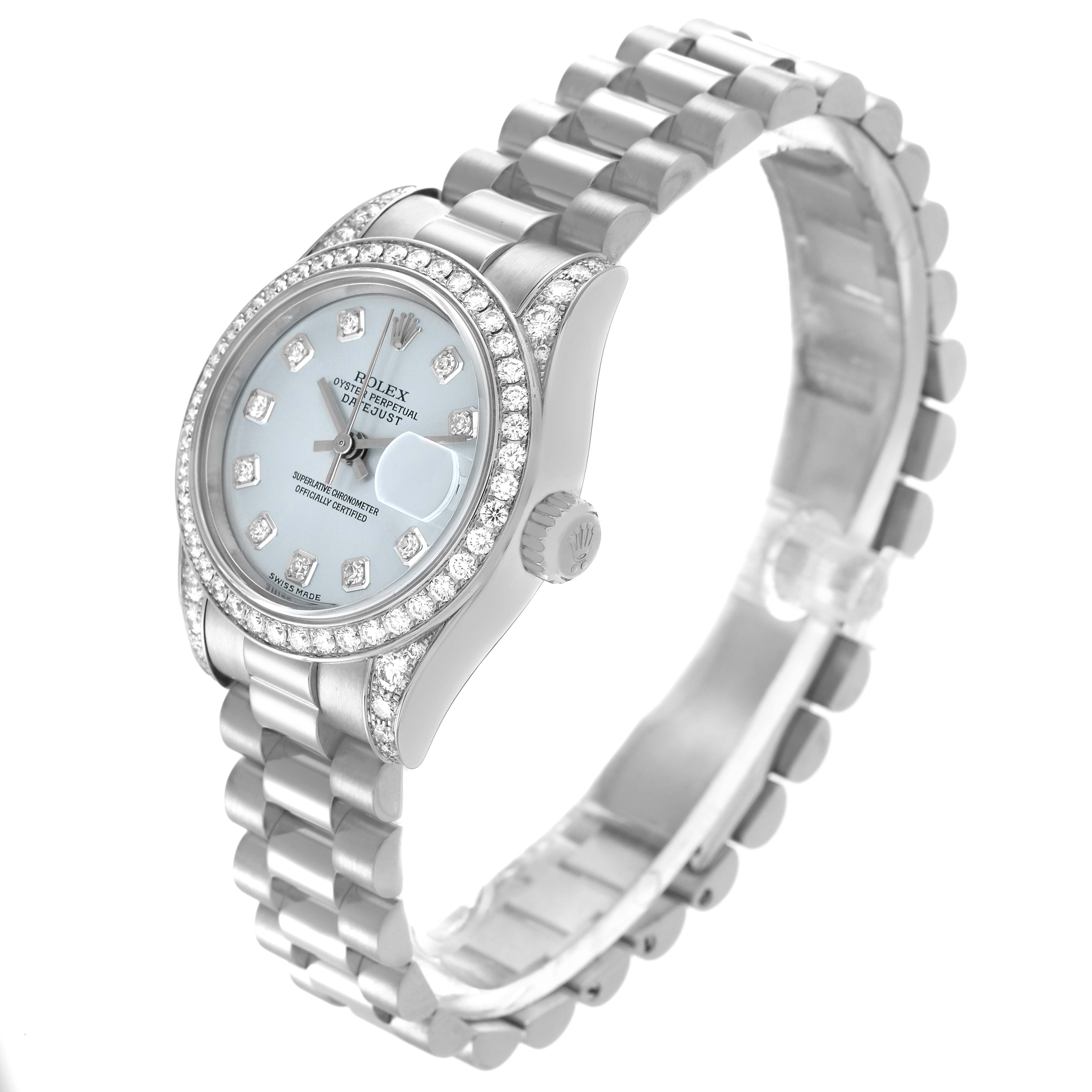 The Rolex President 179159 Women
s Platinum Blue Dial 179159 Women
s Platinum Blue Dial watch is shown at a three-quarter angle, highlighting the bracelet, bezel, dial, and crown.