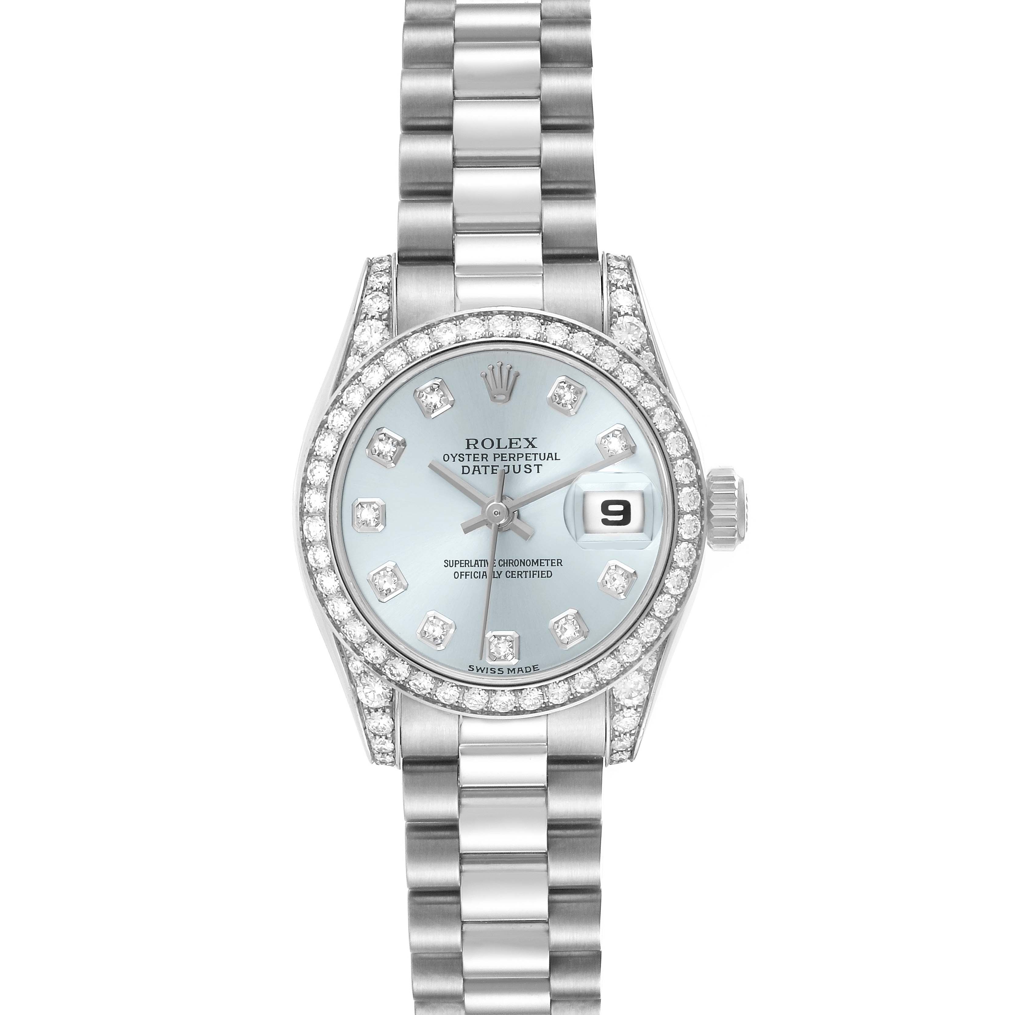 The Rolex President 179159 Women
s Platinum Blue Dial 179159 Women
s Platinum Blue Dial model watch is shown from a top-down angle, highlighting its diamond bezel, dial, and bracelet.