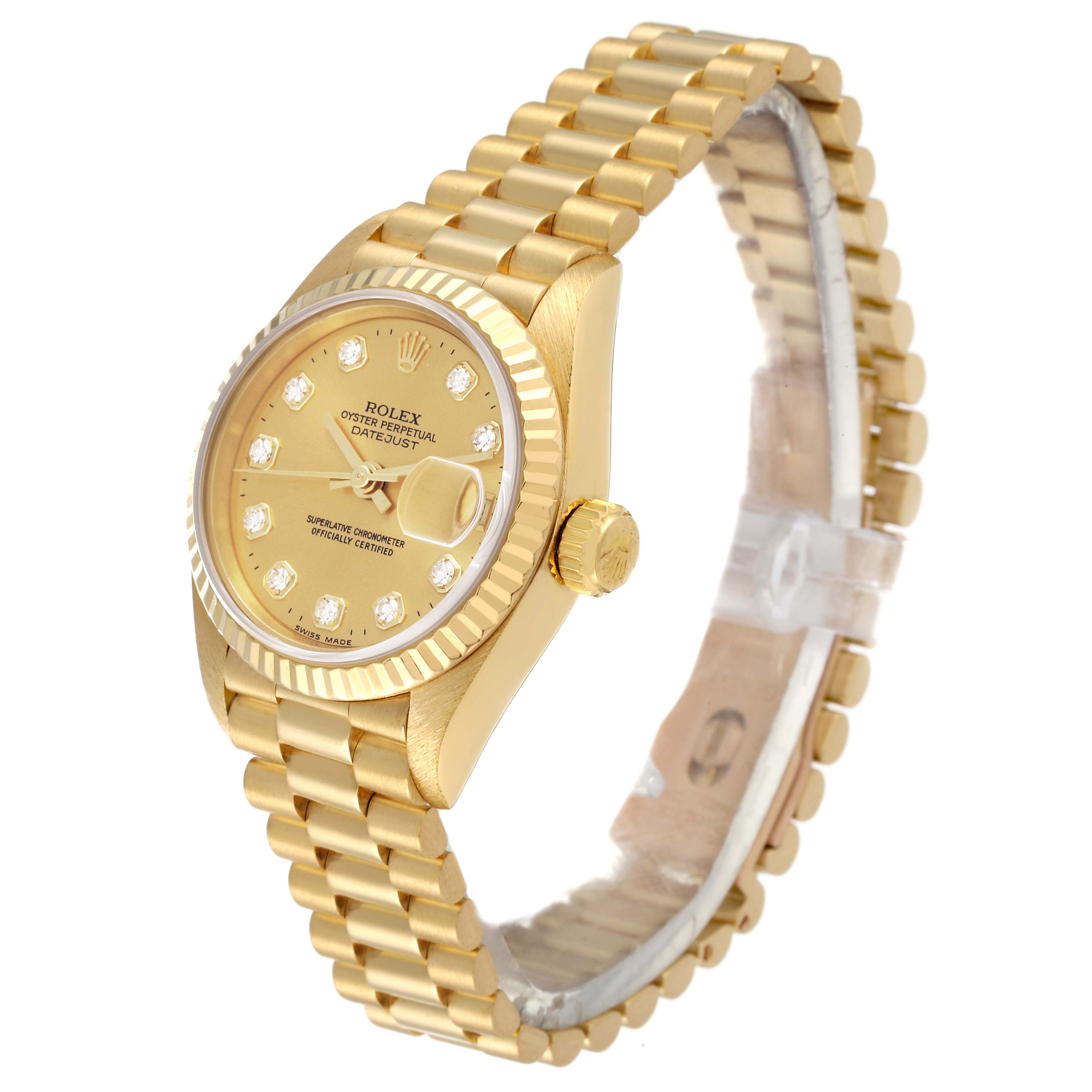 The Rolex President 69178 Women
s Yellow Gold Champagne Dial 69178 Women
s Yellow Gold Champagne Dial model watch is shown at an angle displaying the dial, case, bezel, and bracelet.