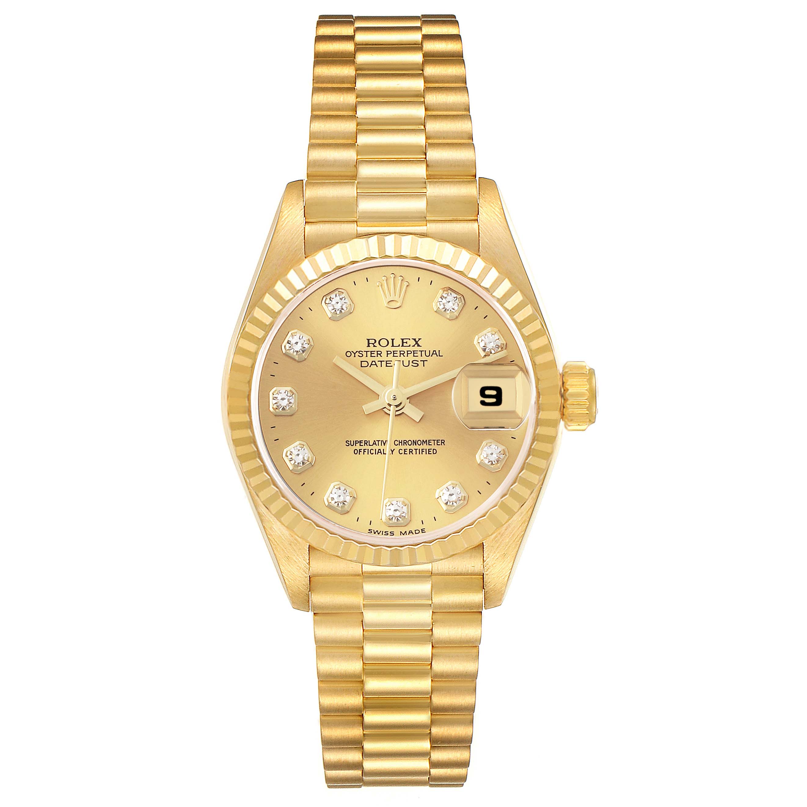 The image shows a frontal view of a Rolex President 69178 Women
s Yellow Gold Champagne Dial 69178 Women
s Yellow Gold Champagne Dial model watch, highlighting its gold dial, diamond markers, and bracelet.