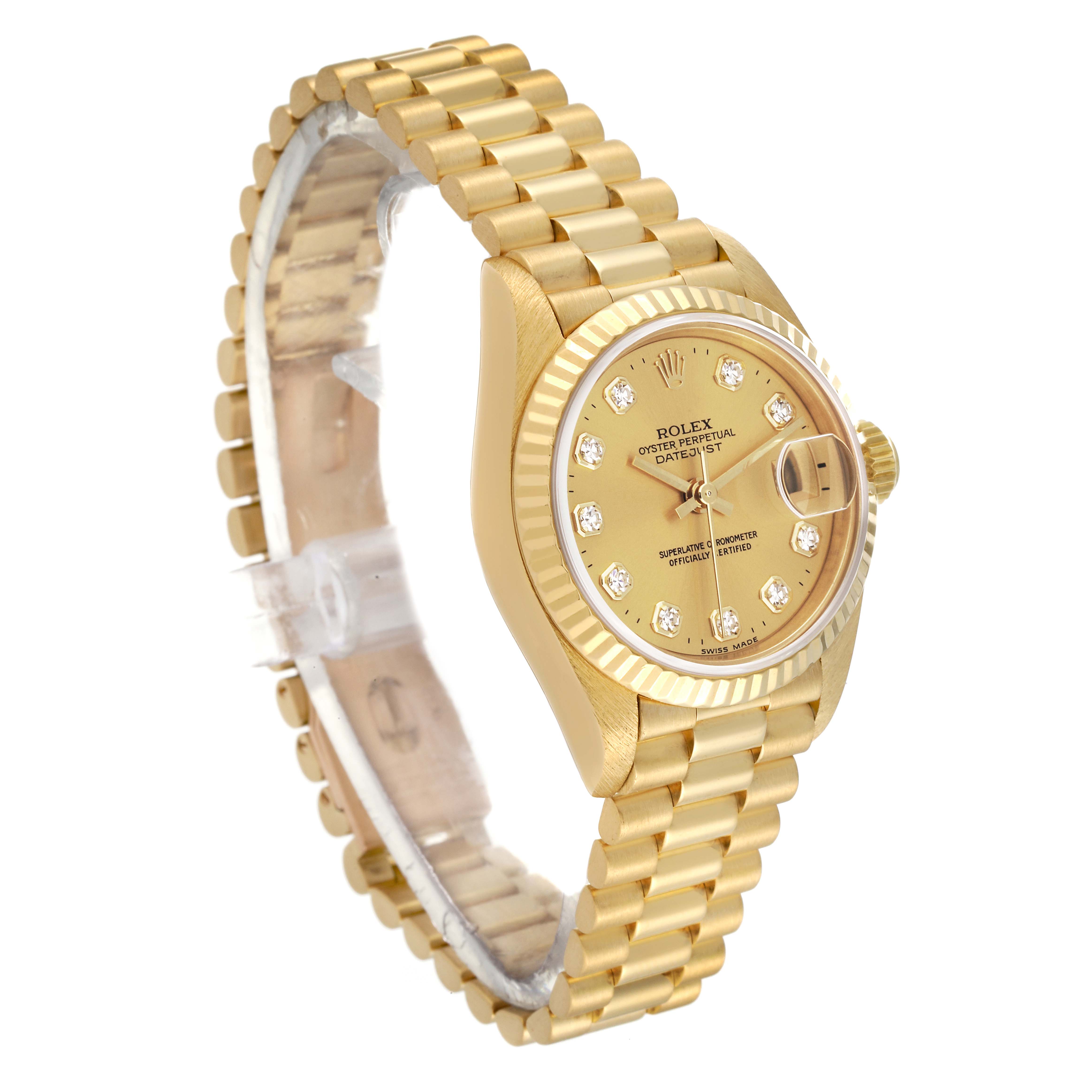 The image shows a gold Rolex President 69178 Women
s Yellow Gold Champagne Dial 69178 Women
s Yellow Gold Champagne Dial model watch at a slight angle, displaying the dial, bezel, and bracelet.
