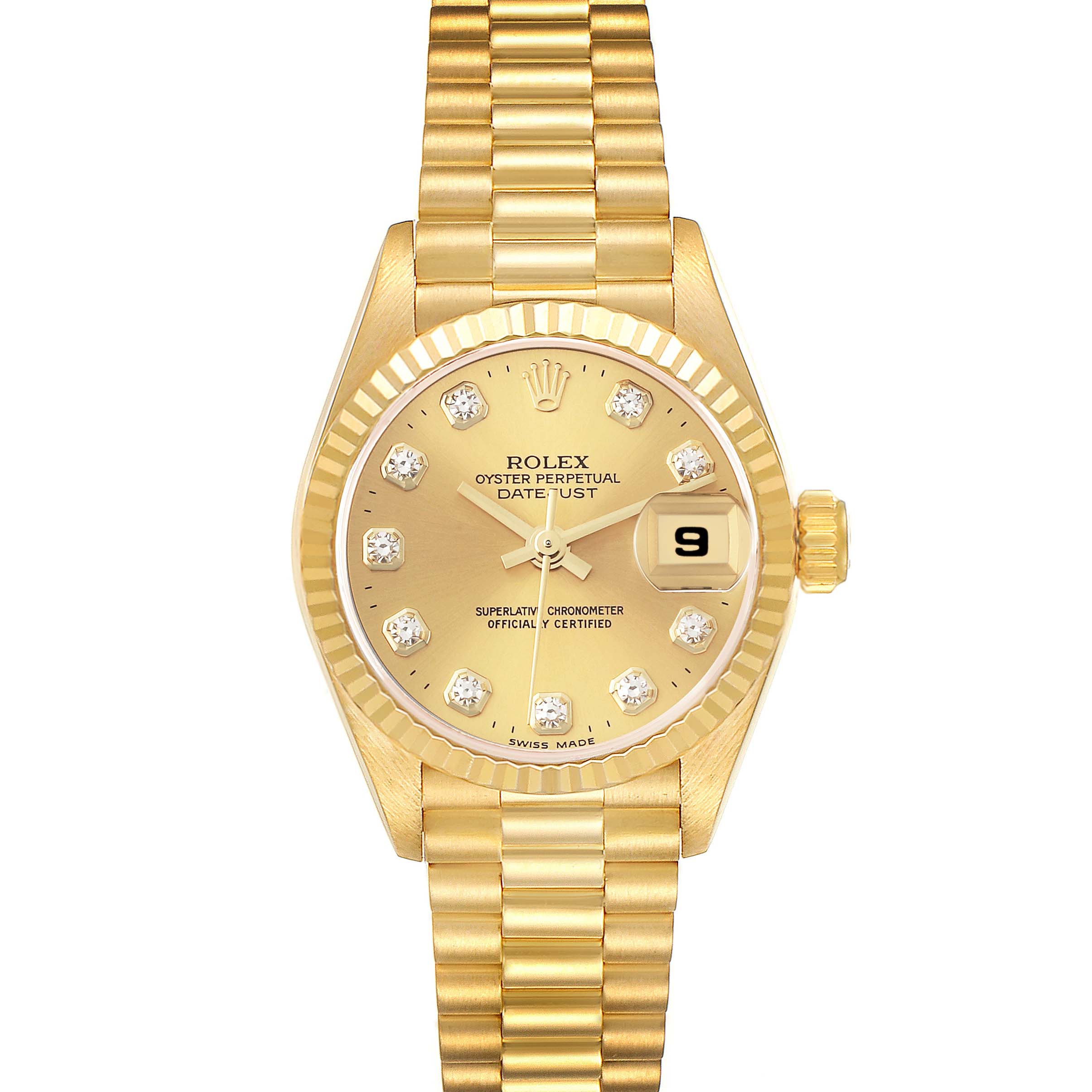 This is a front view of the Rolex President 69178 Women
s Yellow Gold Champagne Dial 69178 Women
s Yellow Gold Champagne Dial model watch, showing its gold case, bracelet, and diamond-set dial.