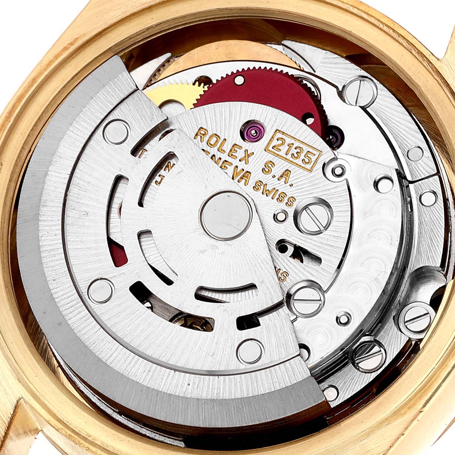 This image shows the internal mechanism of a Rolex President 69178 Women
s Yellow Gold Champagne Dial 69178 Women
s Yellow Gold Champagne Dial watch, including gears and the rotor, viewed from the back.
