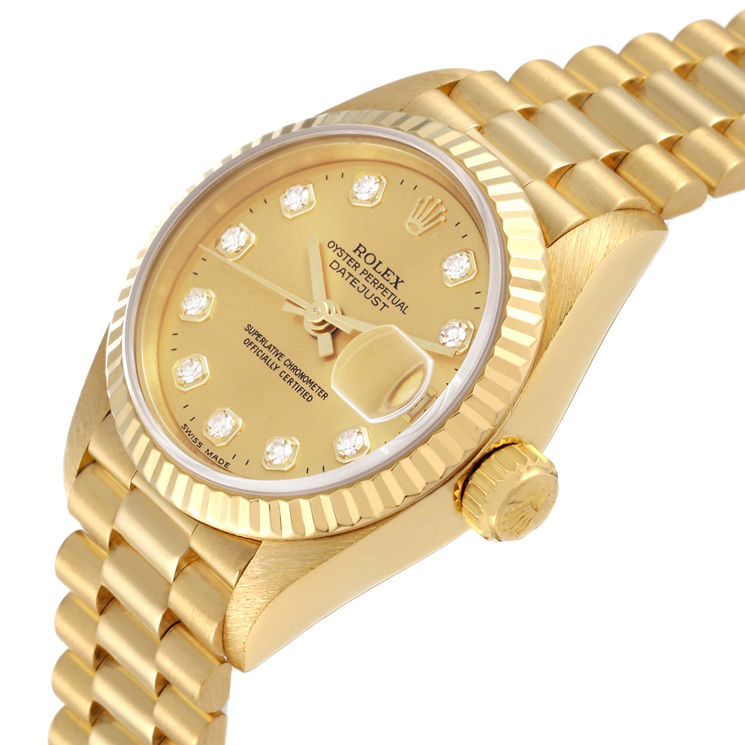 The image shows a close-up angle of a gold Rolex President 69178 Women
s Yellow Gold Champagne Dial 69178 Women
s Yellow Gold Champagne Dial model, featuring the crown, bezel, dial, and part of the bracelet.