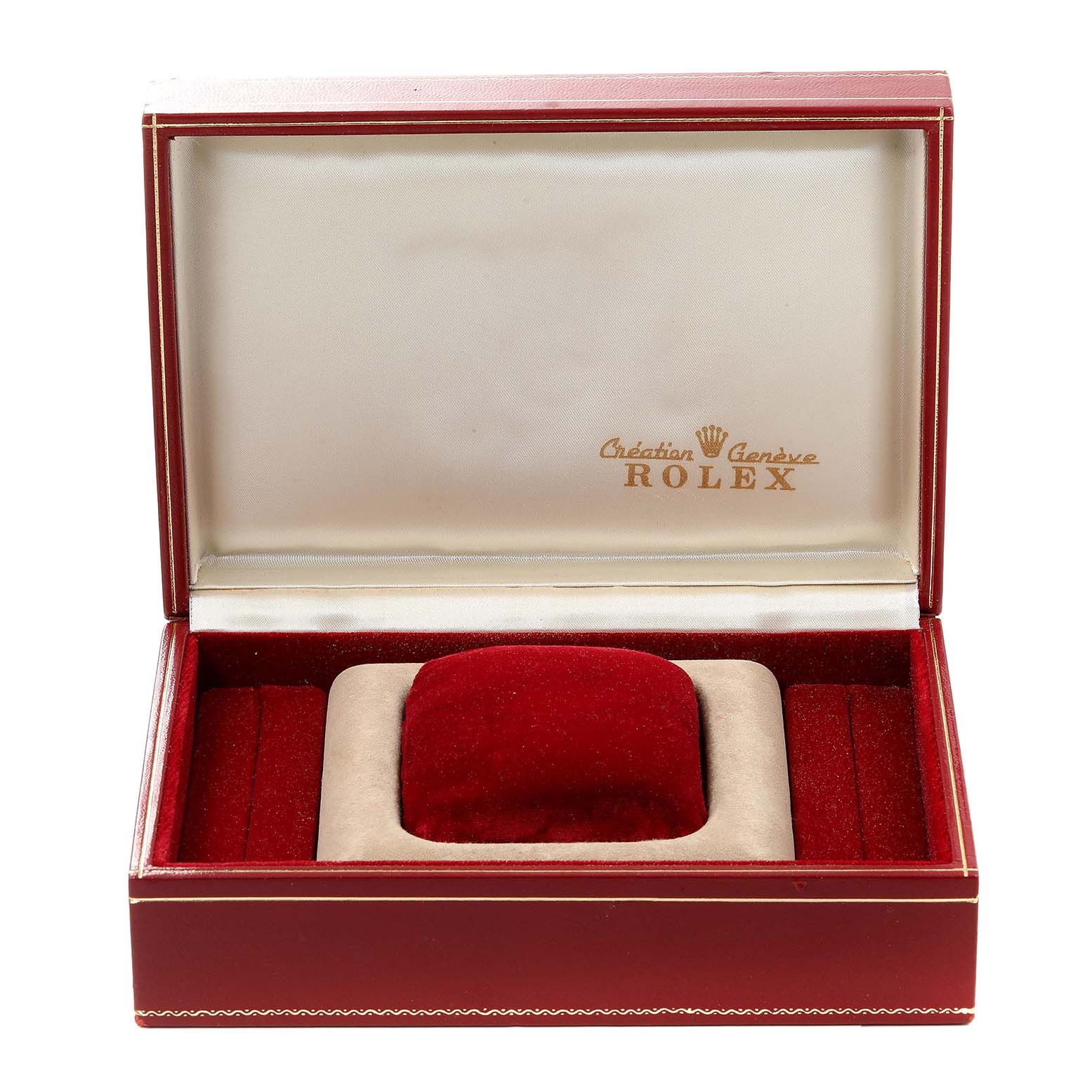 The image shows an open Rolex watch box with red velvet lining for the President model.