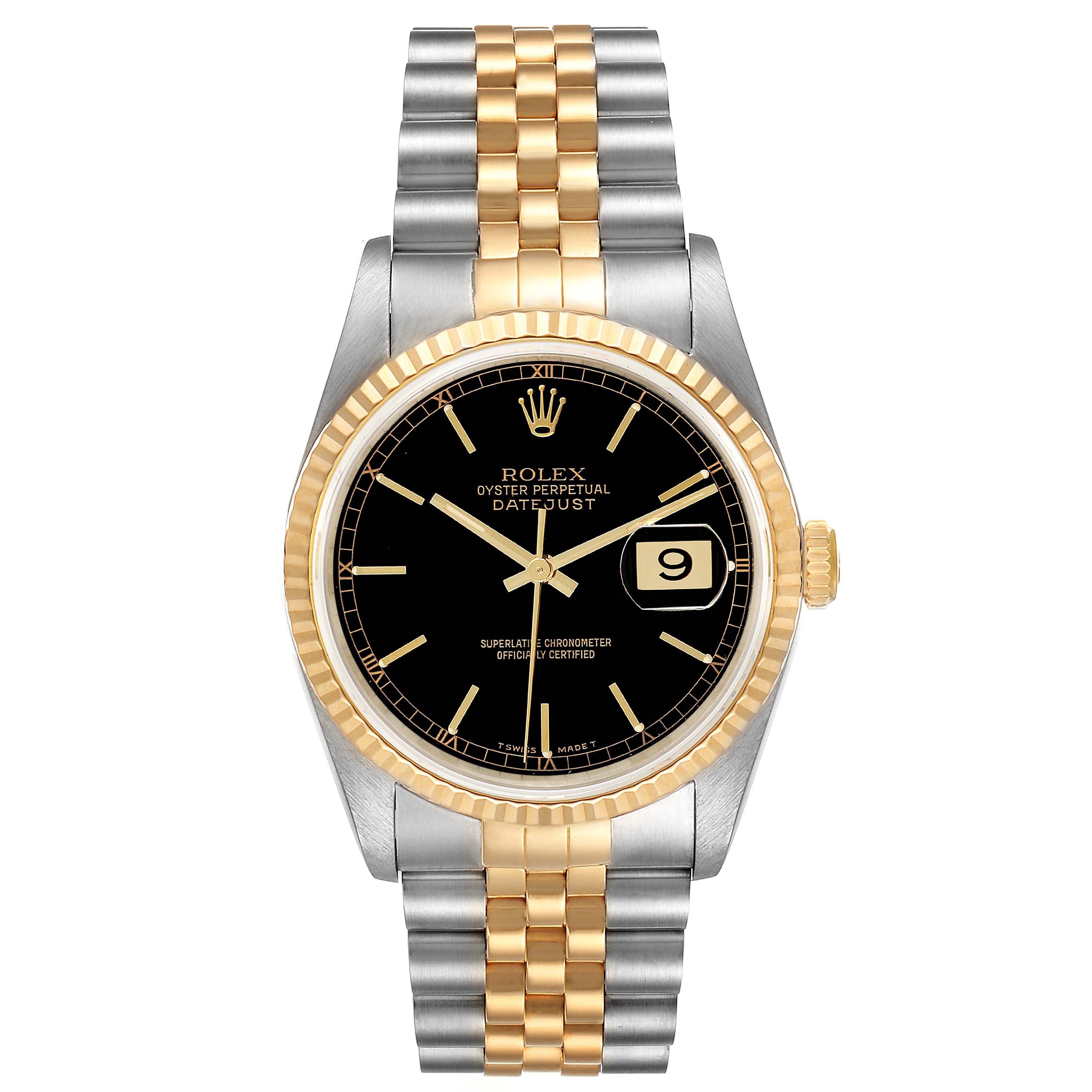 This image shows a front view of the Rolex Datejust 16233 Men's Steel and Gold (two tone) Black Dial 16233 Men's Steel and Gold (two tone) Black Dial watch, displaying the dial, bezel, crown, and two-tone bracelet.