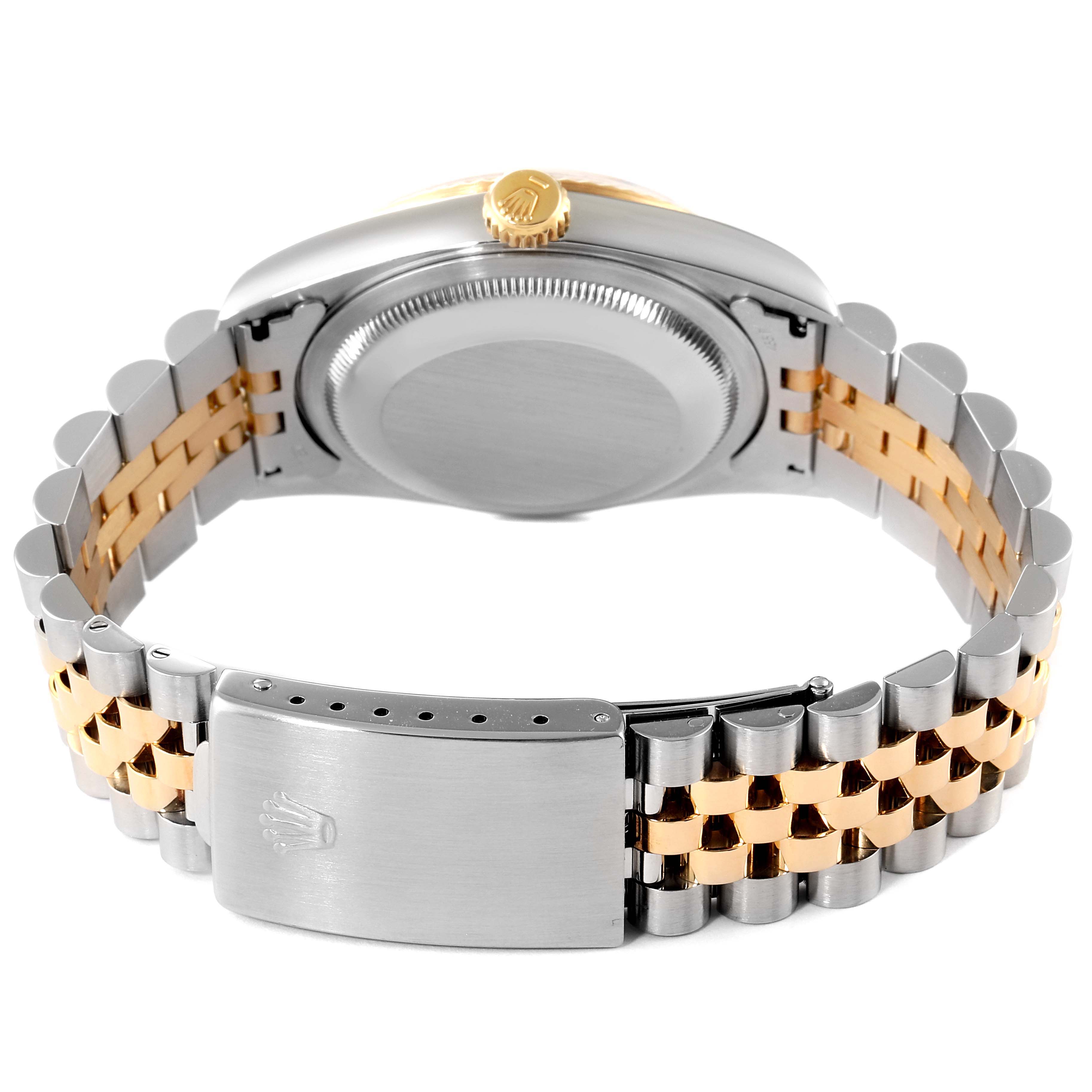 This image shows the back view of a Rolex Datejust 16233 Men's Steel and Gold (two tone) Black Dial 16233 Men's Steel and Gold (two tone) Black Dial watch, highlighting the case back, crown, and two-tone bracelet with clasp.