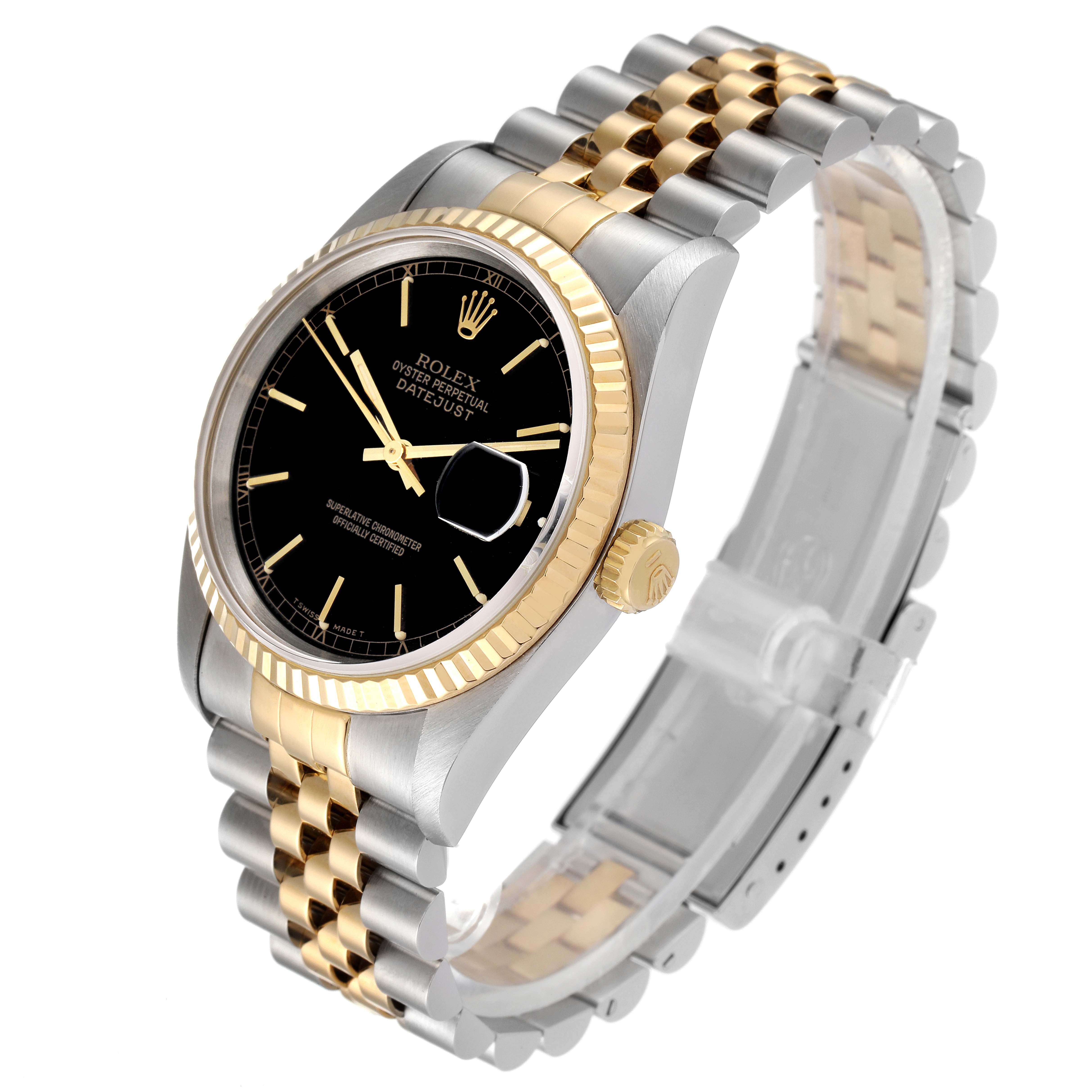 The image shows a Rolex Datejust 16233 Men's Steel and Gold (two tone) Black Dial 16233 Men's Steel and Gold (two tone) Black Dial watch at a slight angle, highlighting the dial, bezel, crown, and bracelet.