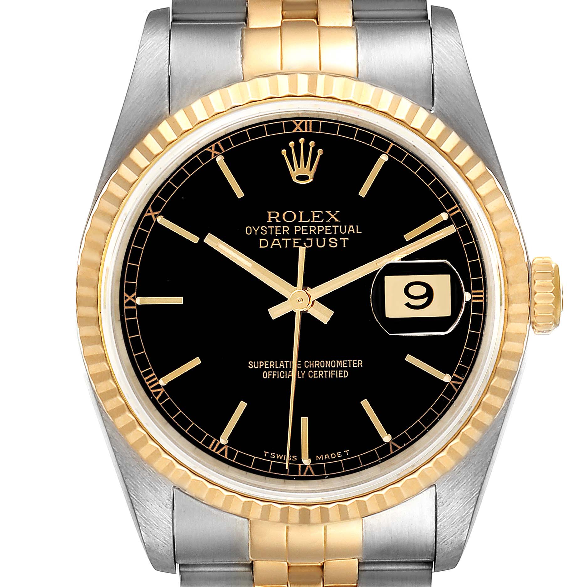 This is a close-up front view of a Rolex Datejust 16233 Men's Steel and Gold (two tone) Black Dial 16233 Men's Steel and Gold (two tone) Black Dial watch showing the dial, hands, date window, crown, and part of the bracelet.