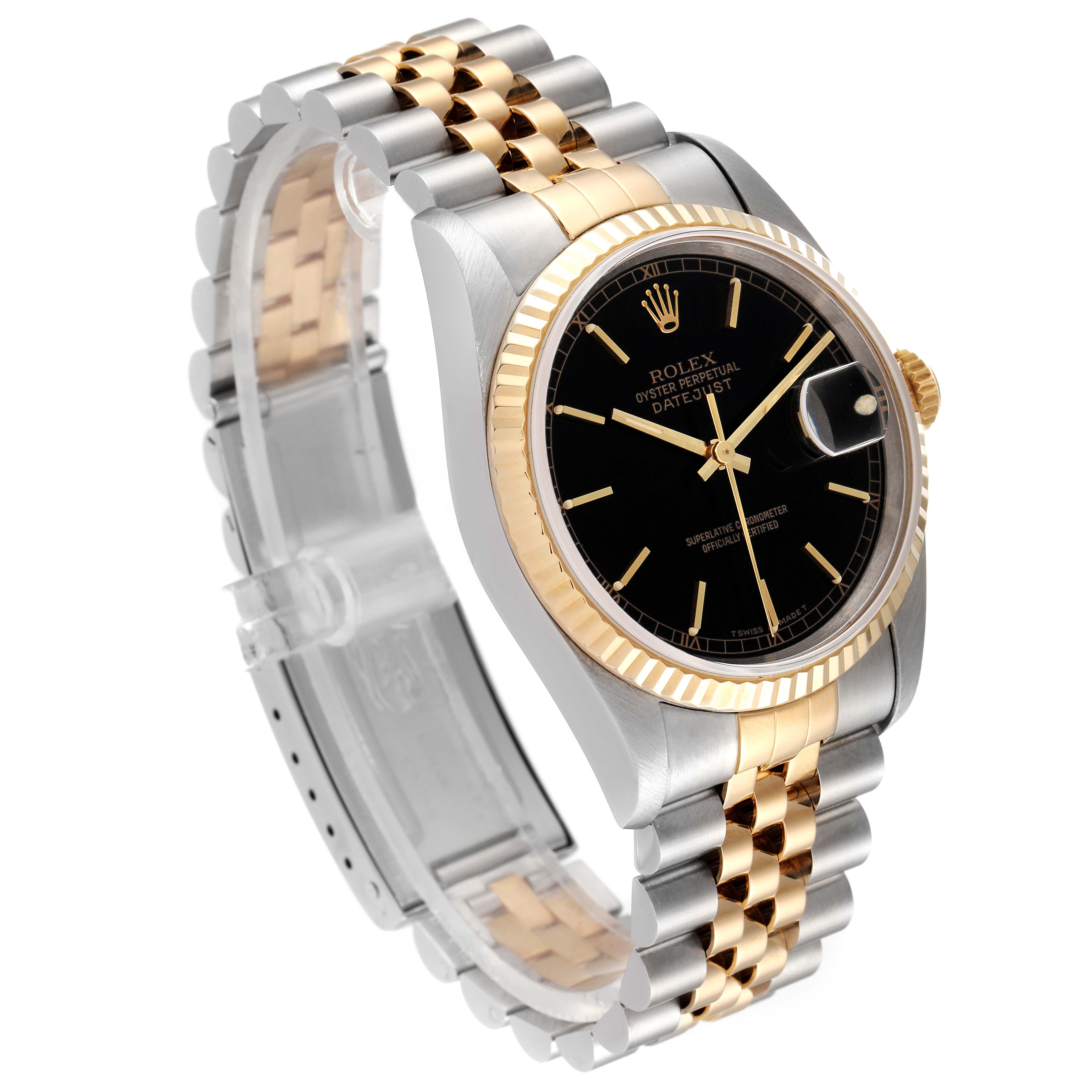 This image shows a Rolex Datejust 16233 Men's Steel and Gold (two tone) Black Dial 16233 Men's Steel and Gold (two tone) Black Dial watch from a front-angle, highlighting its black dial, two-tone bracelet, and fluted bezel.